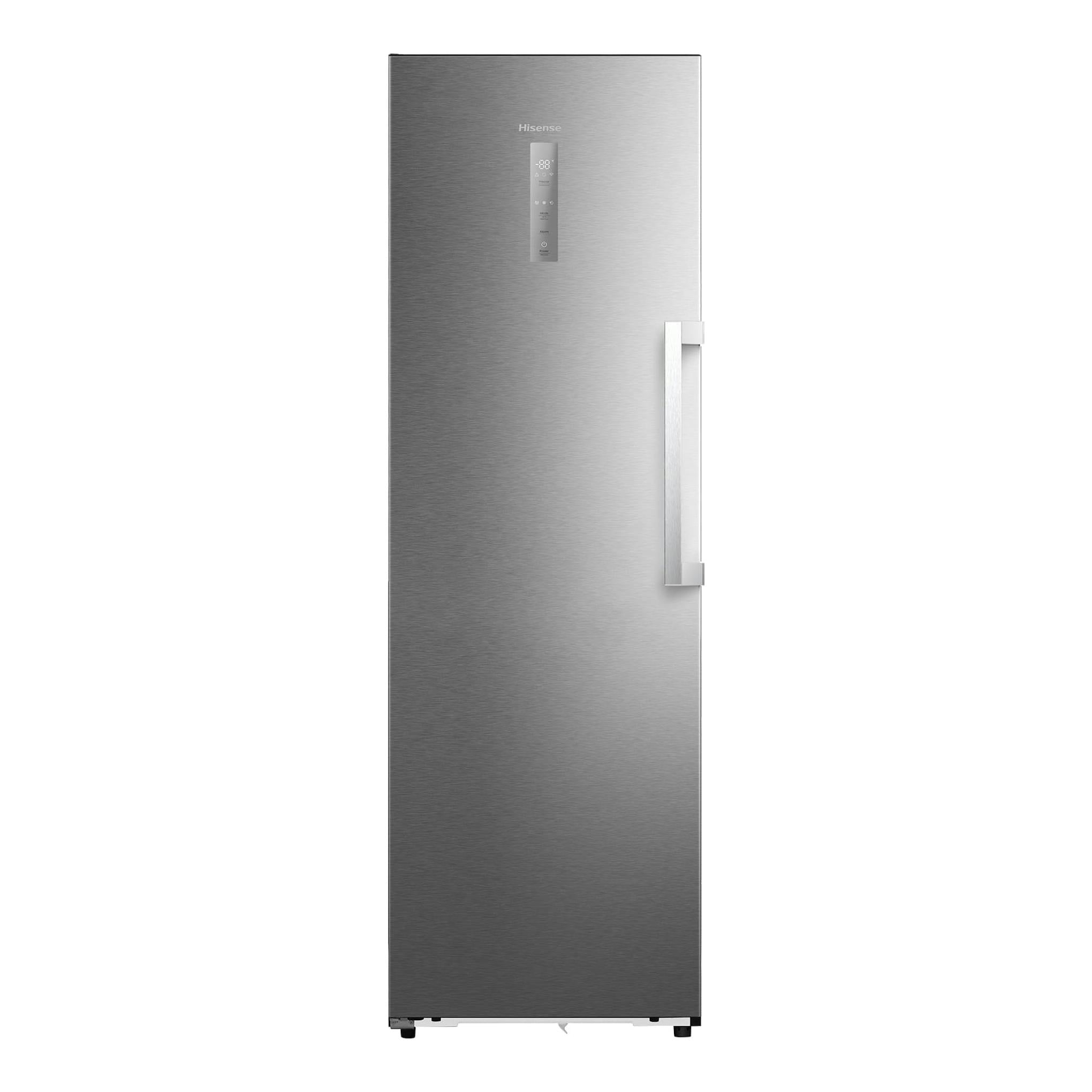 Congelador vertical Hisense FT3K310SAIE1 en inox, vista frontal, con panel de control en la puerta.