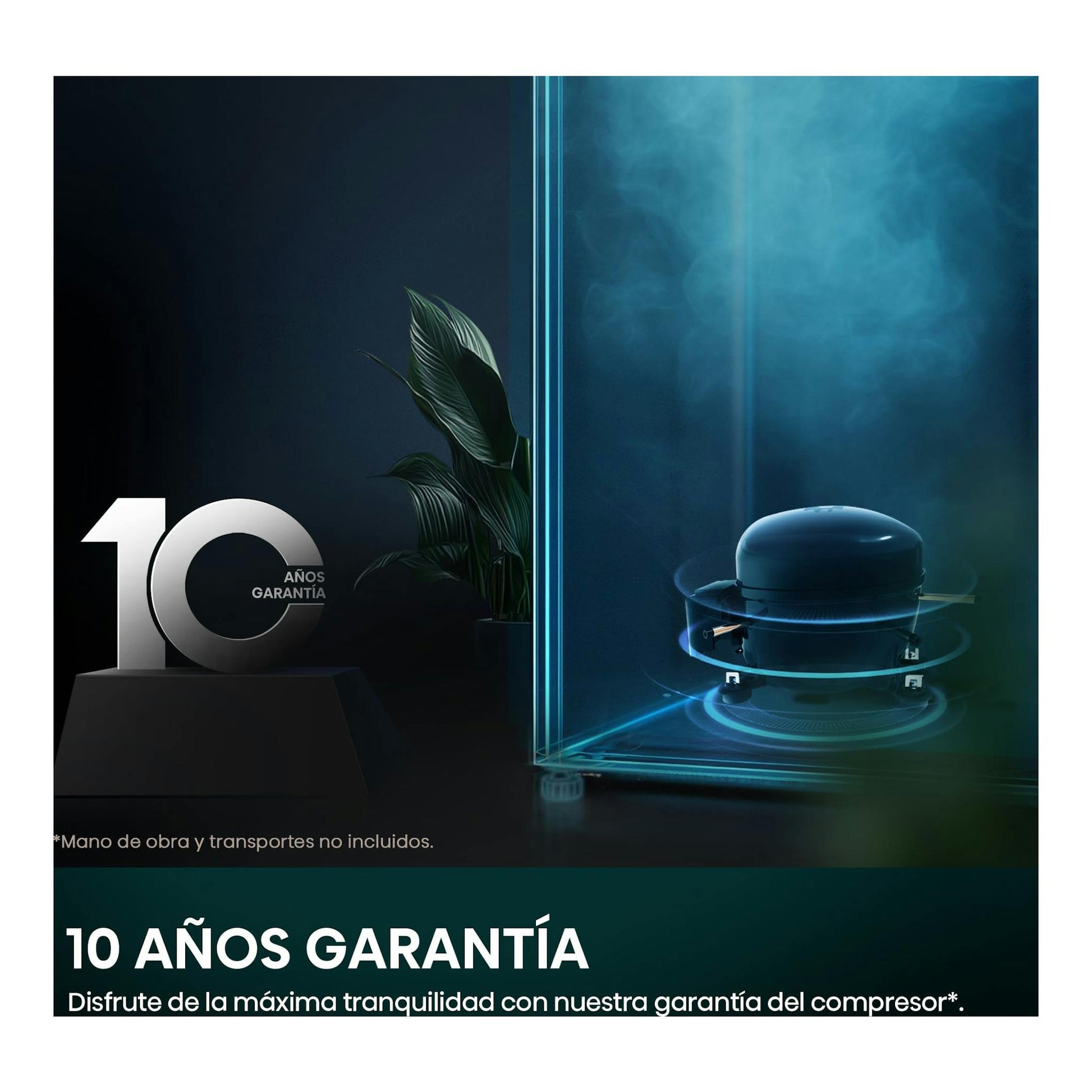 Gráfico promocional de Hisense FT3K310SAIE1 con texto de 10 años de garantía del compresor.