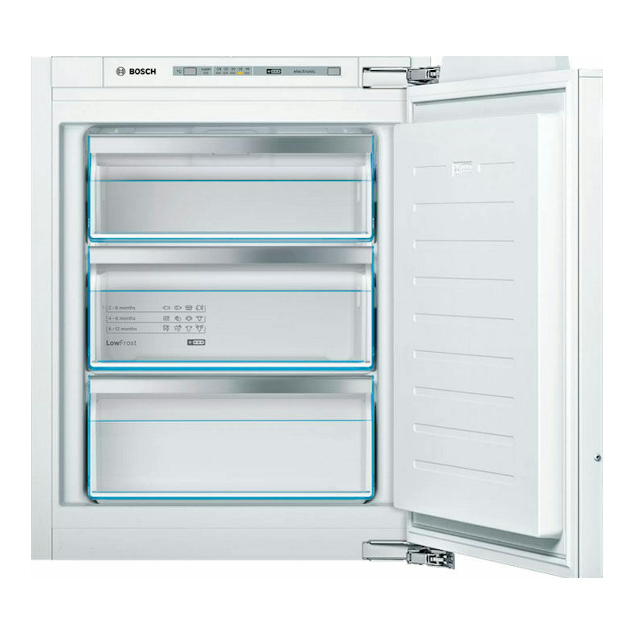 Congelador vertical integrable Bosch GIV11AFE0, vista frontal con puerta abierta, interior blanco y cajones.