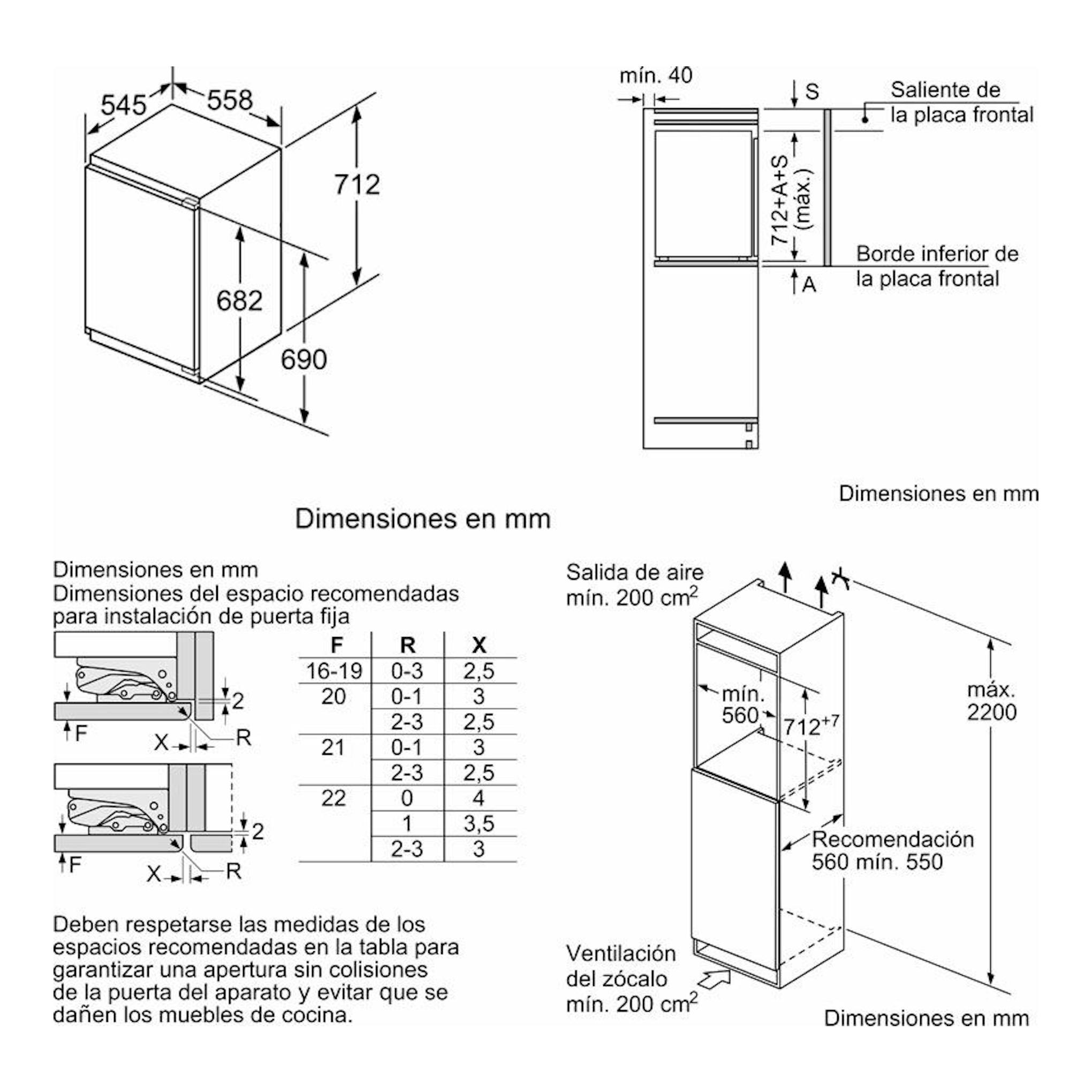 Bosch GIV11AFE0: esquema técnico de congelador vertical integrable con dimensiones y ventilación en mm.