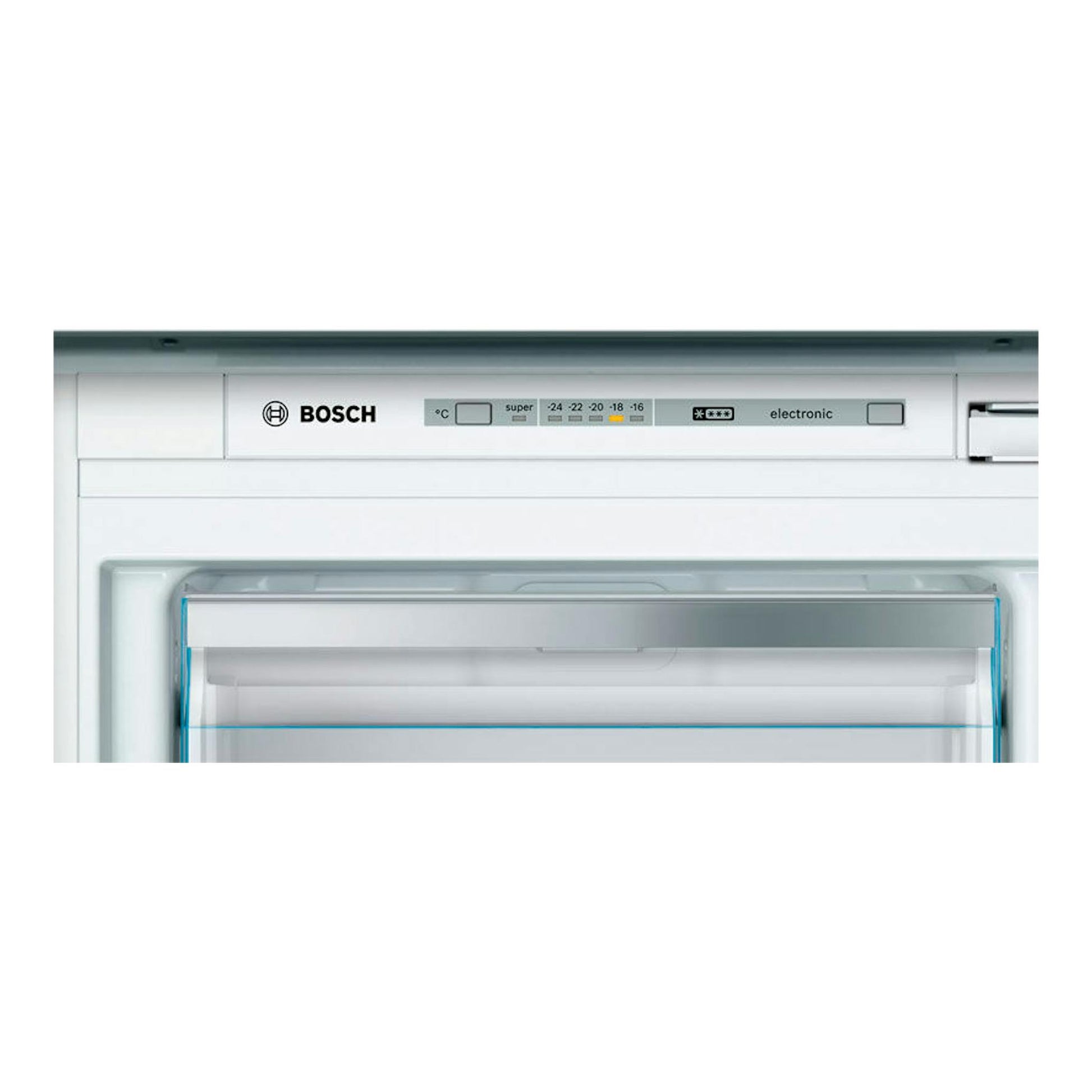 Congelador vertical integrable Bosch GIV11AFE0 en blanco, vista frontal con panel de control superior.