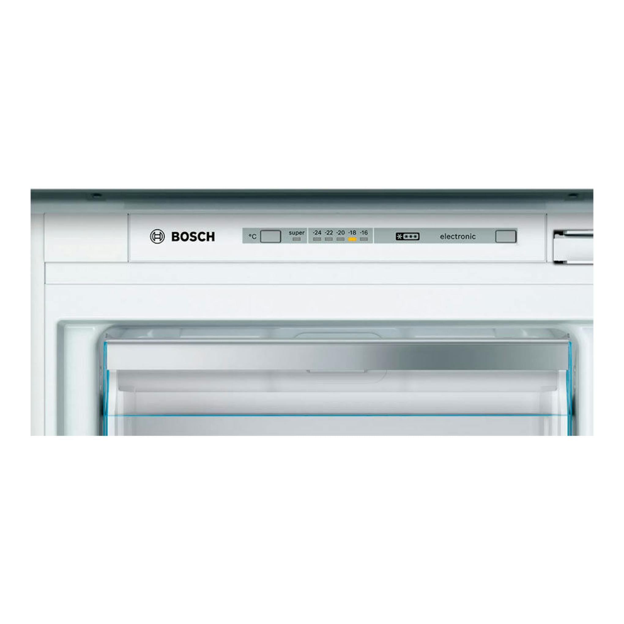 Congelador vertical integrable Bosch GIV11AFE0 en blanco, vista frontal con panel de control superior.