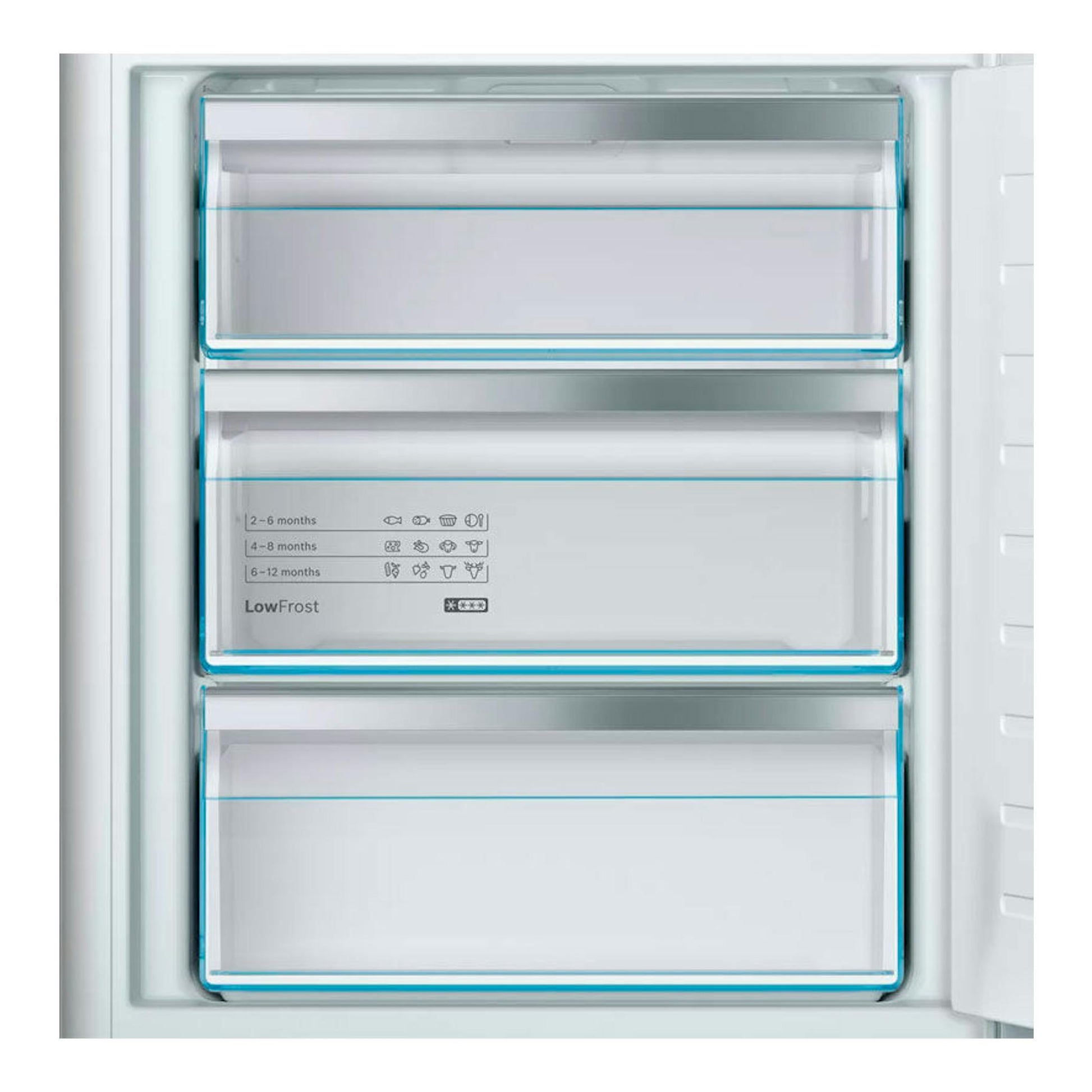 Congelador vertical integrable Bosch GIV11AFE0, vista frontal abierta, tres cajones blancos y detalle LowFrost.