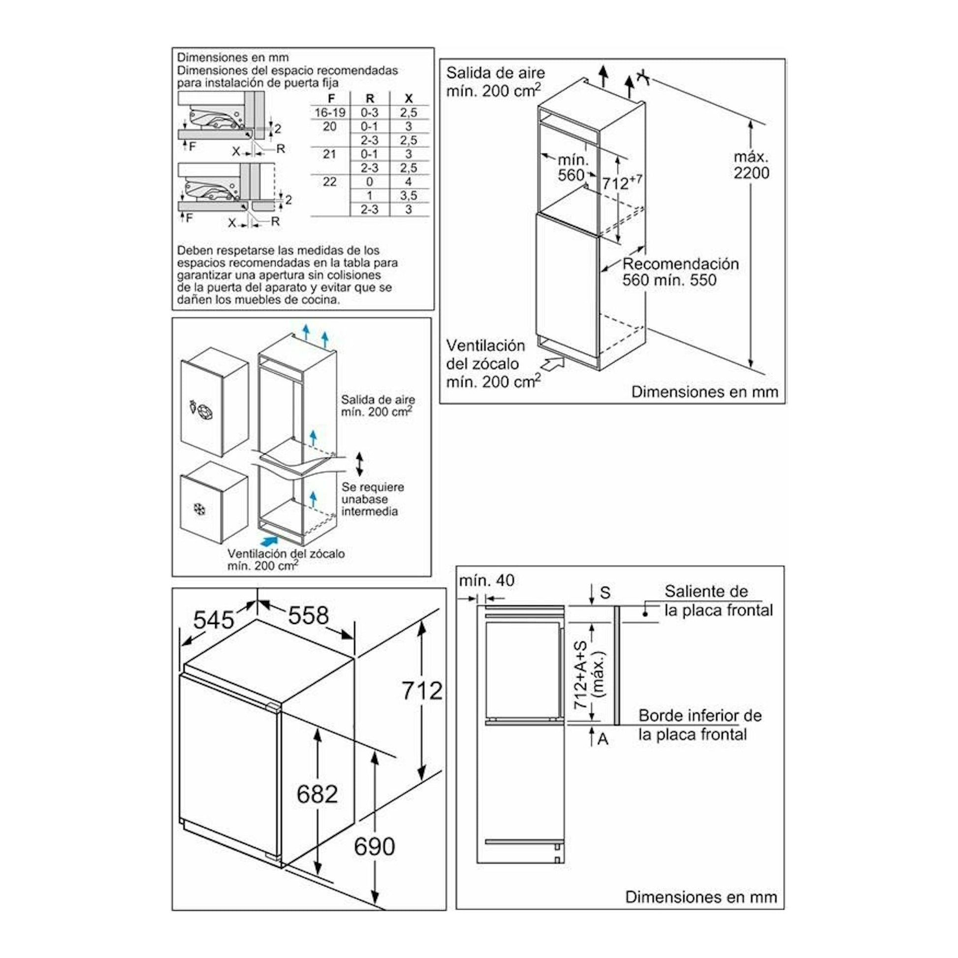 Diagrama técnico en blanco y negro del congelador vertical integrable Siemens GI11VAFE0, con medidas y ventilación.