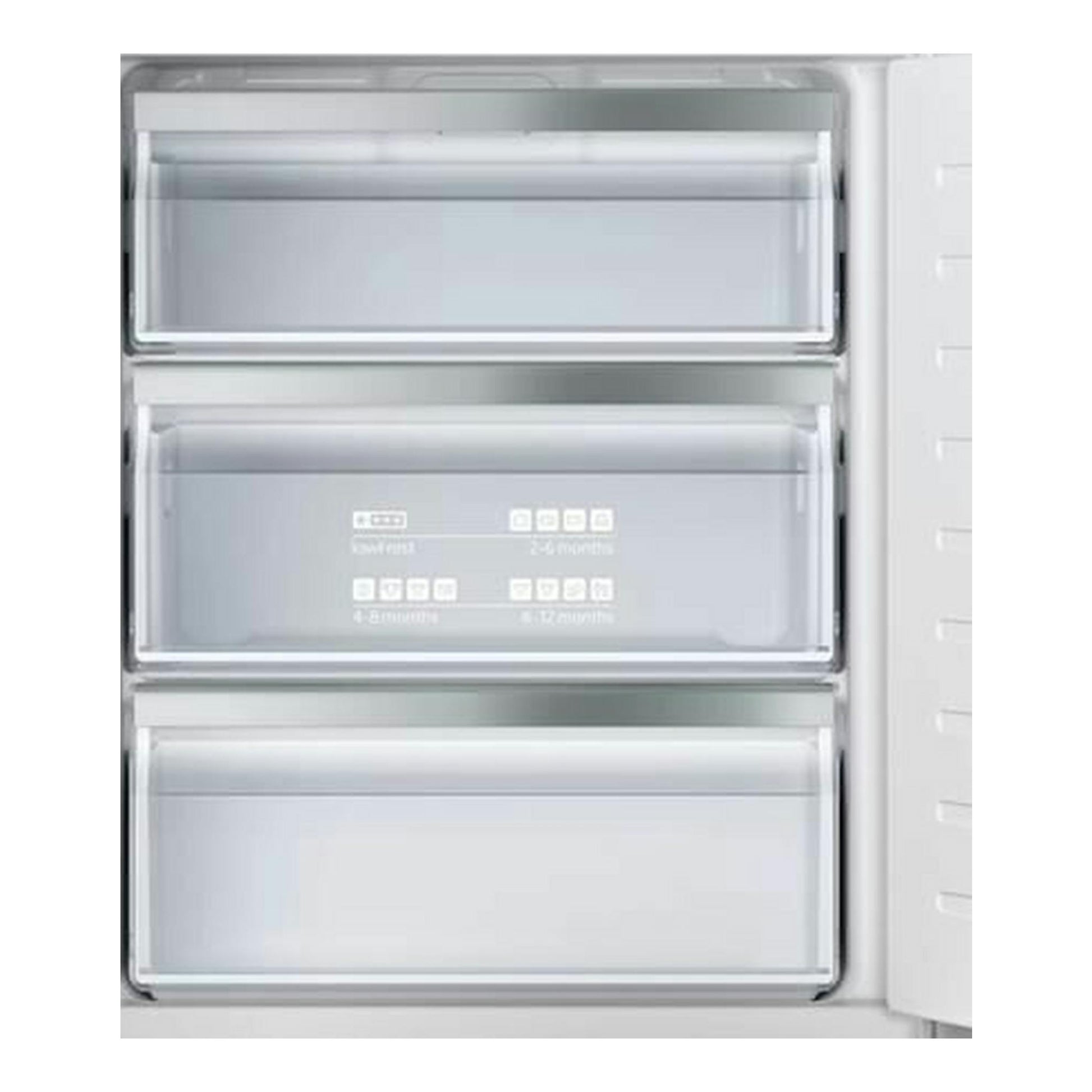 Congelador vertical integrable Siemens GI11VAFE0, interior blanco con tres cajones vistos de frente.