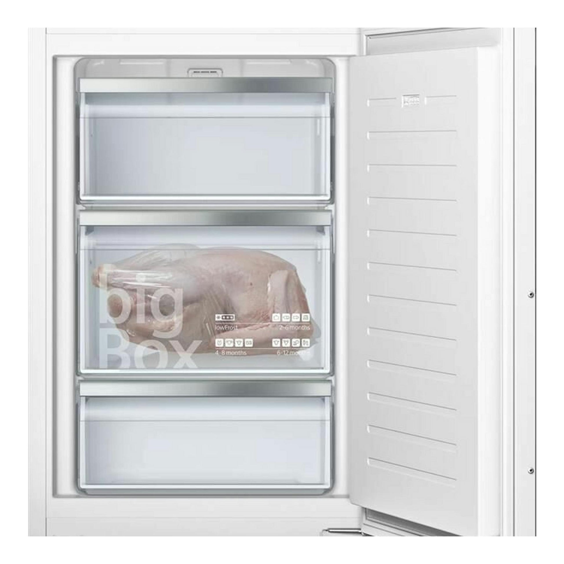 Congelador vertical integrable Siemens GI21VAFE0 blanco, visto de frente con la puerta abierta.