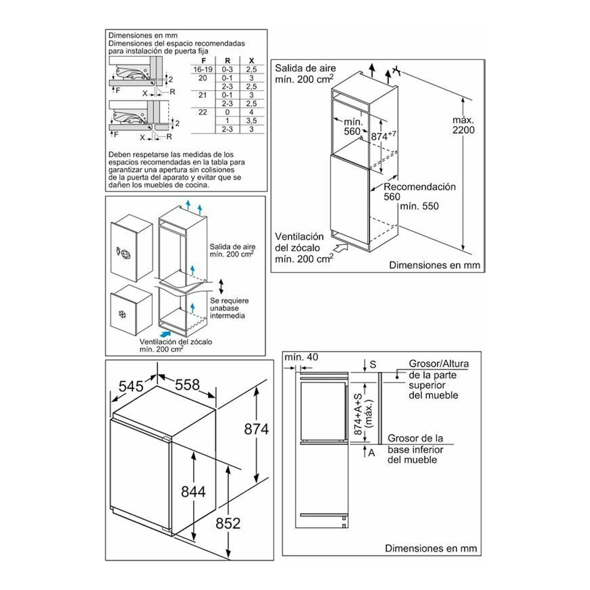 Diagrama técnico en blanco y negro del Siemens GI21VAFE0, con vistas y medidas de instalación y ventilación.