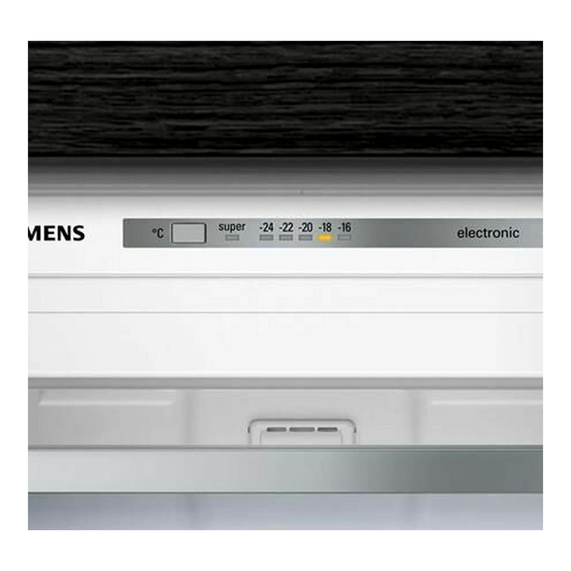 Congelador vertical integrable Siemens GI21VAFE0, primer plano del panel de control blanco con display electrónico.