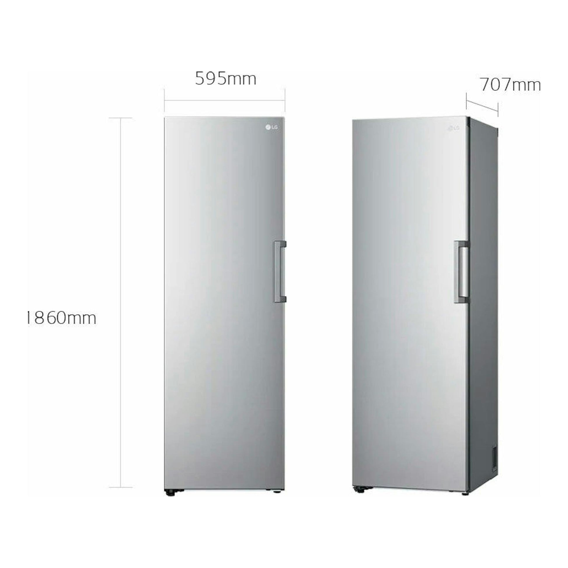 Congelador vertical LG GFT41PZGSZ inox, vista frontal y lateral, con medidas 1860 x 595 x 707 mm.