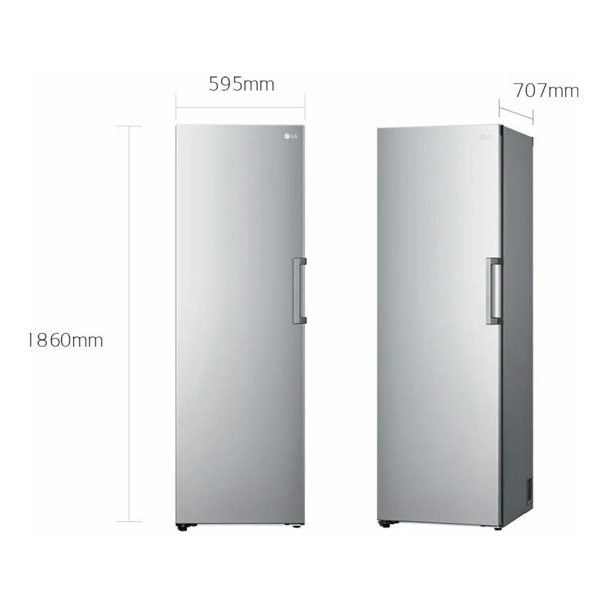 Congelador vertical LG GFT41PZGSZ inox, vista frontal y lateral, con medidas 1860 x 595 x 707 mm.