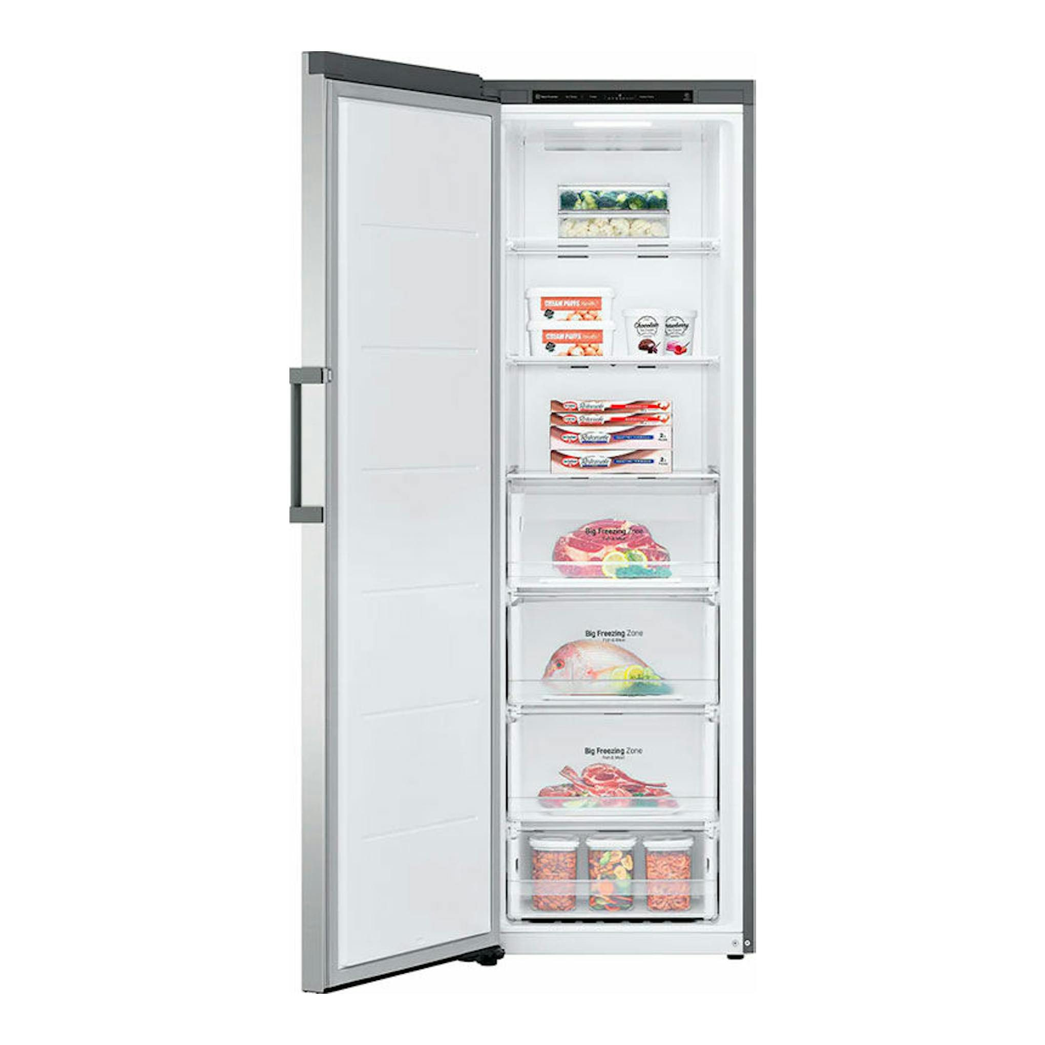Congelador vertical LG GFT41PZGSZ inox, vista frontal con la puerta abierta y compartimentos interiores visibles.