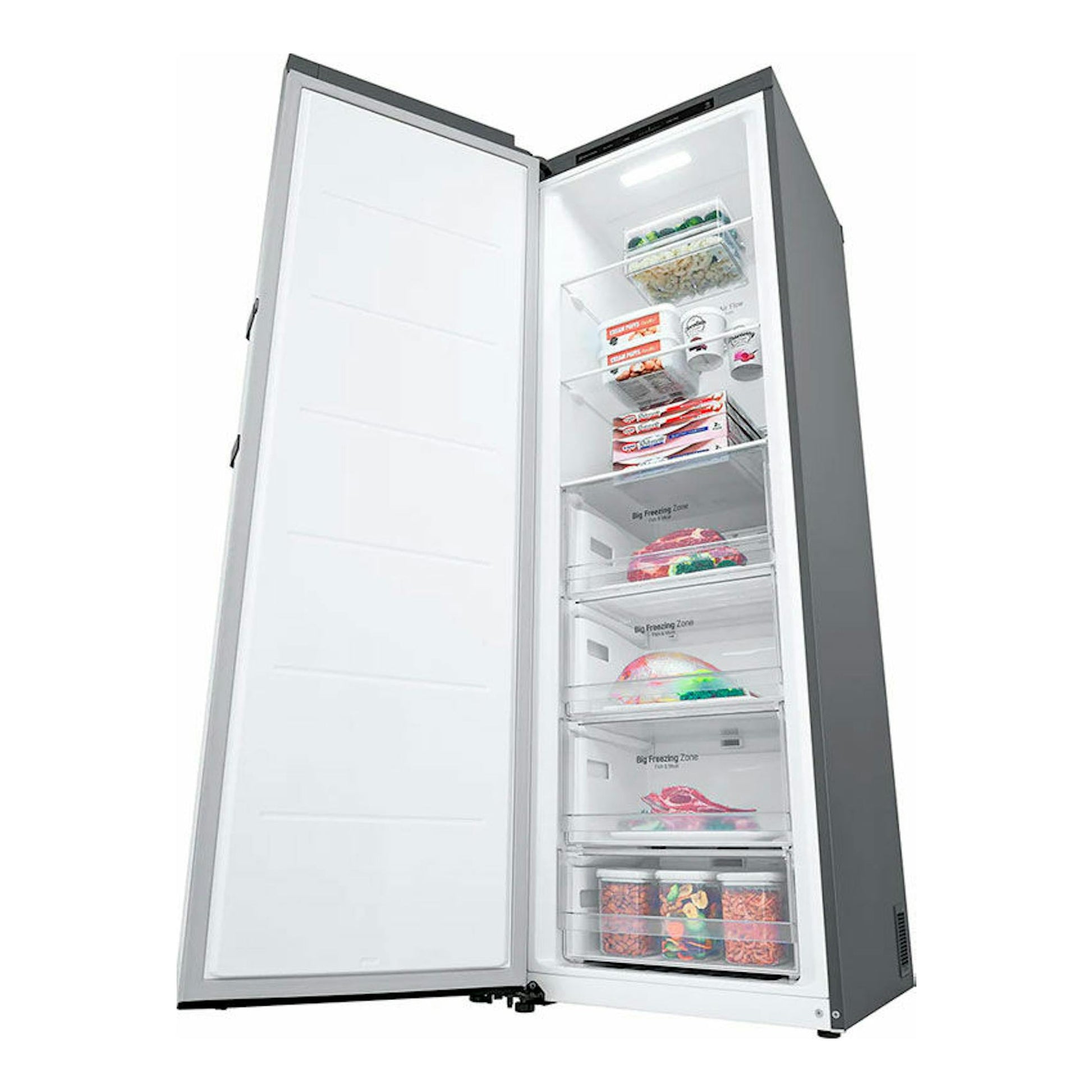 Congelador vertical LG GFT41PZGSZ inox, puerta abierta en vista frontal inclinada.