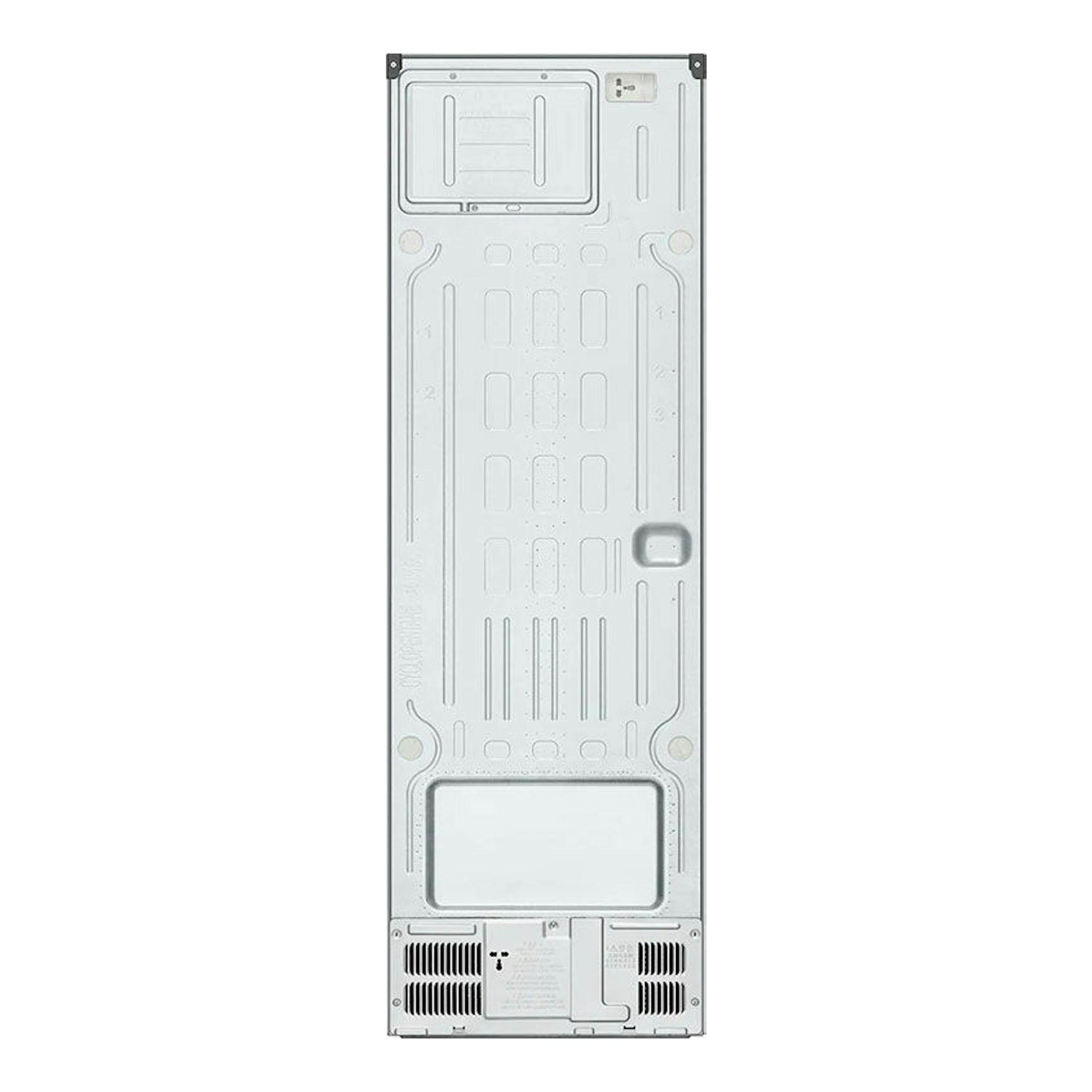 Parte trasera de un congelador vertical LG GFT41PZGSZ inox, con panel metálico visible.