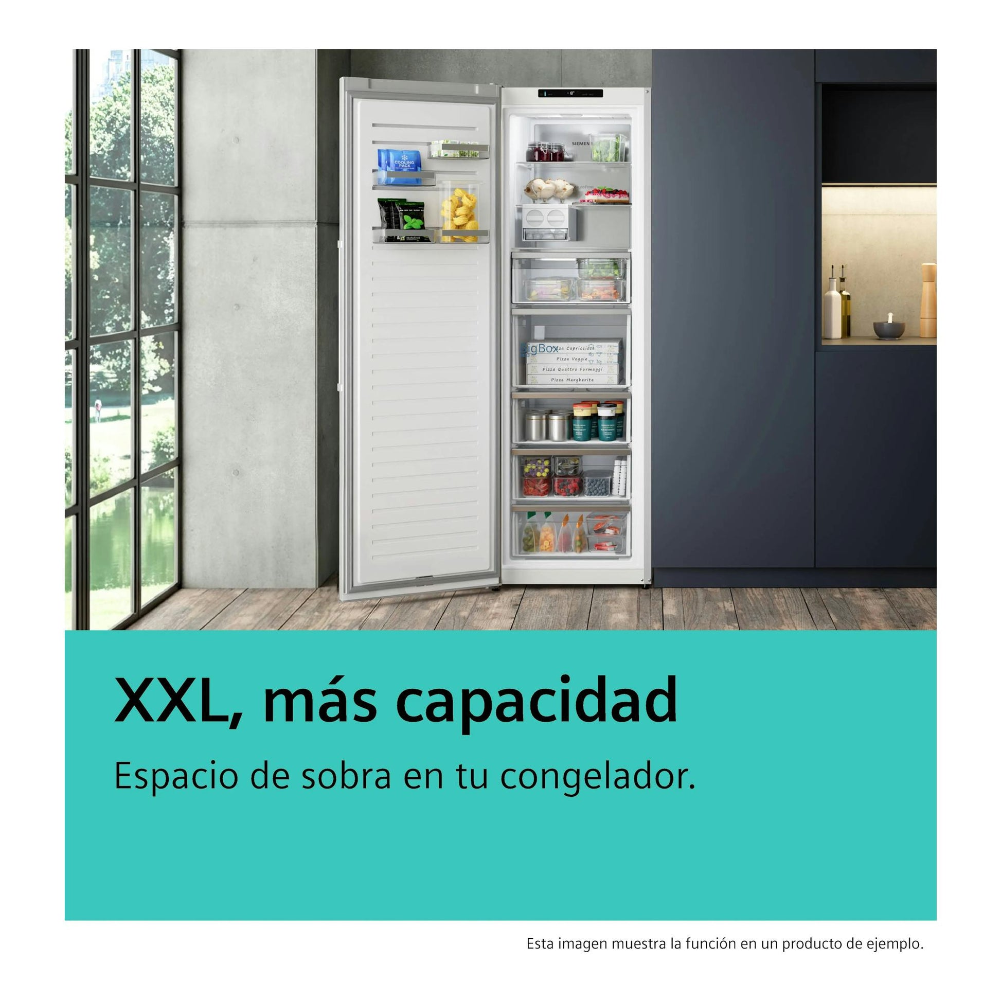 Congelador vertical Siemens blanco, abierto, con cajones y estantes, en una cocina moderna.