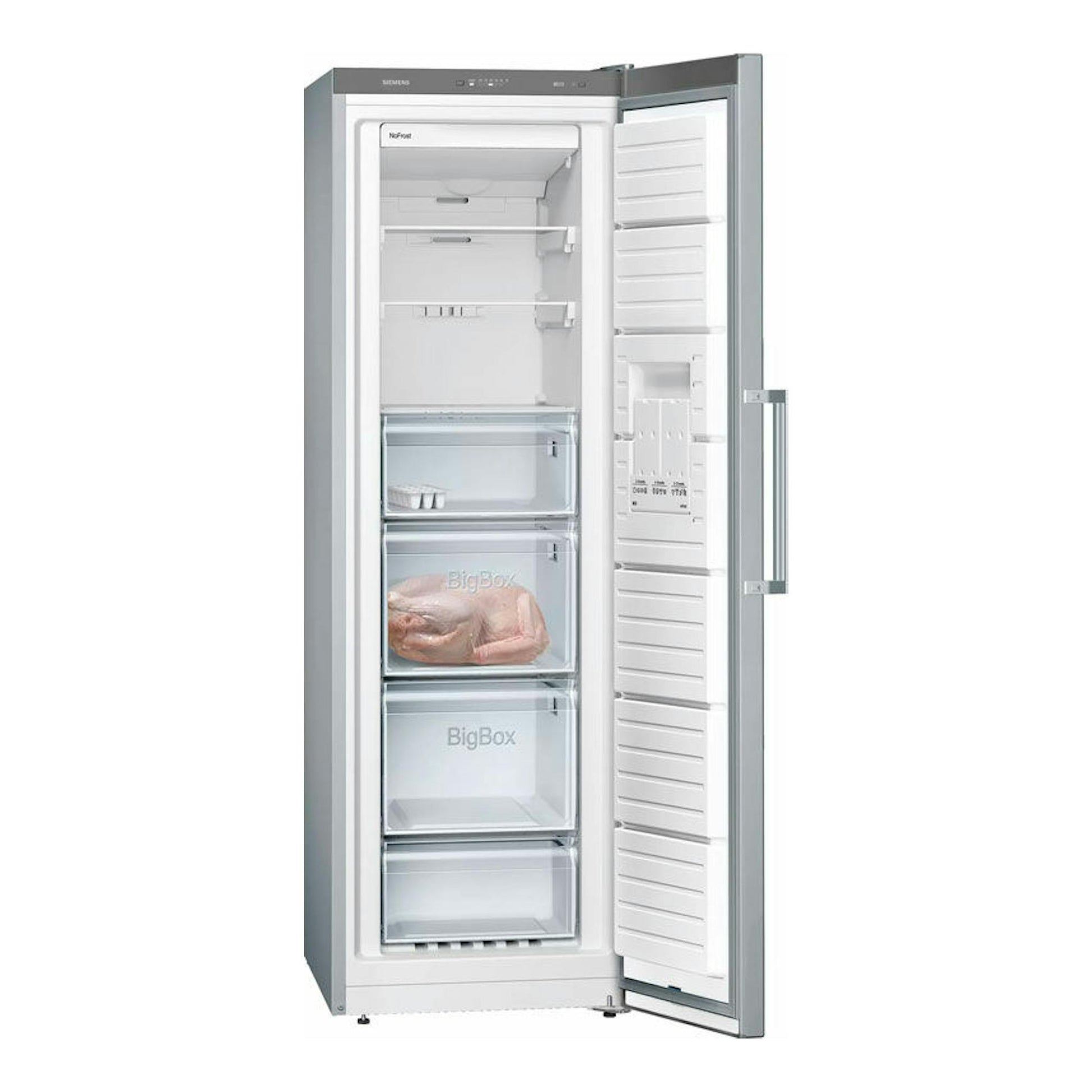 Congelador vertical Siemens GS36NVIEP inox, vista frontal con la puerta abierta y cajones transparentes.