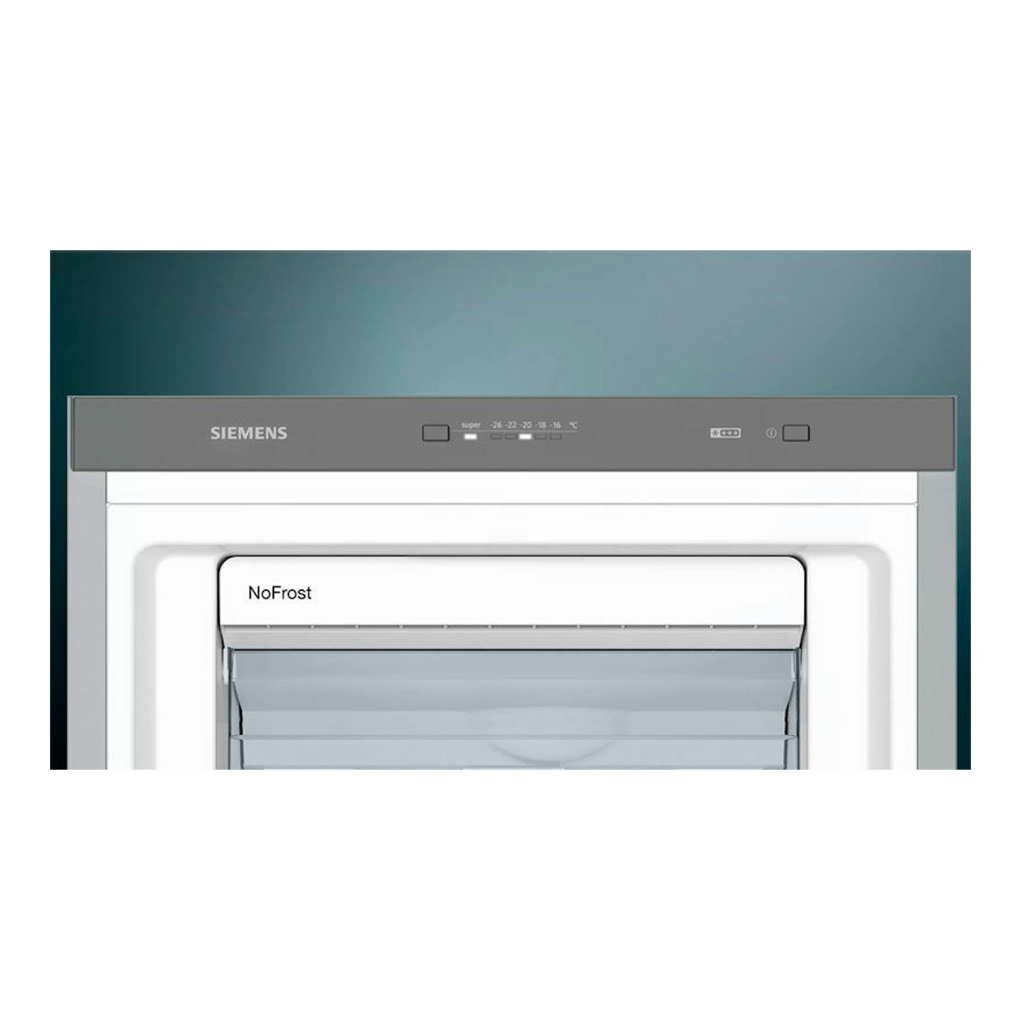 Congelador vertical Siemens GS36NVIEP, vista frontal, blanco y gris, con panel superior y NoFrost.
