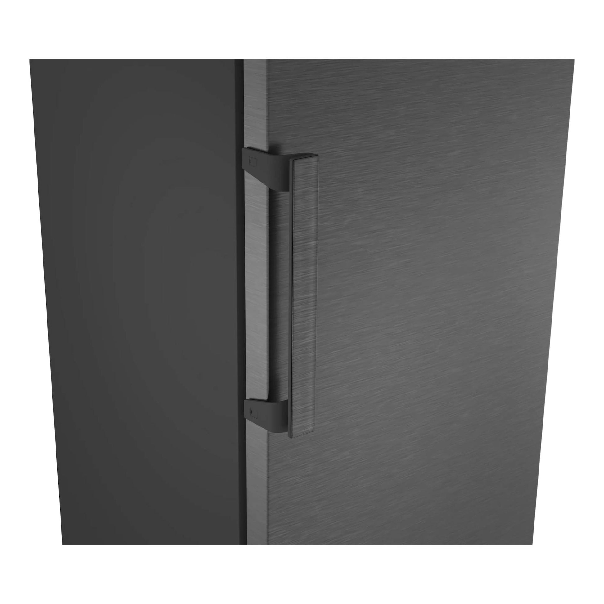 Congelador vertical Siemens GS36NVXCG, vista frontal en negro antihuellas, detalle del tirador.