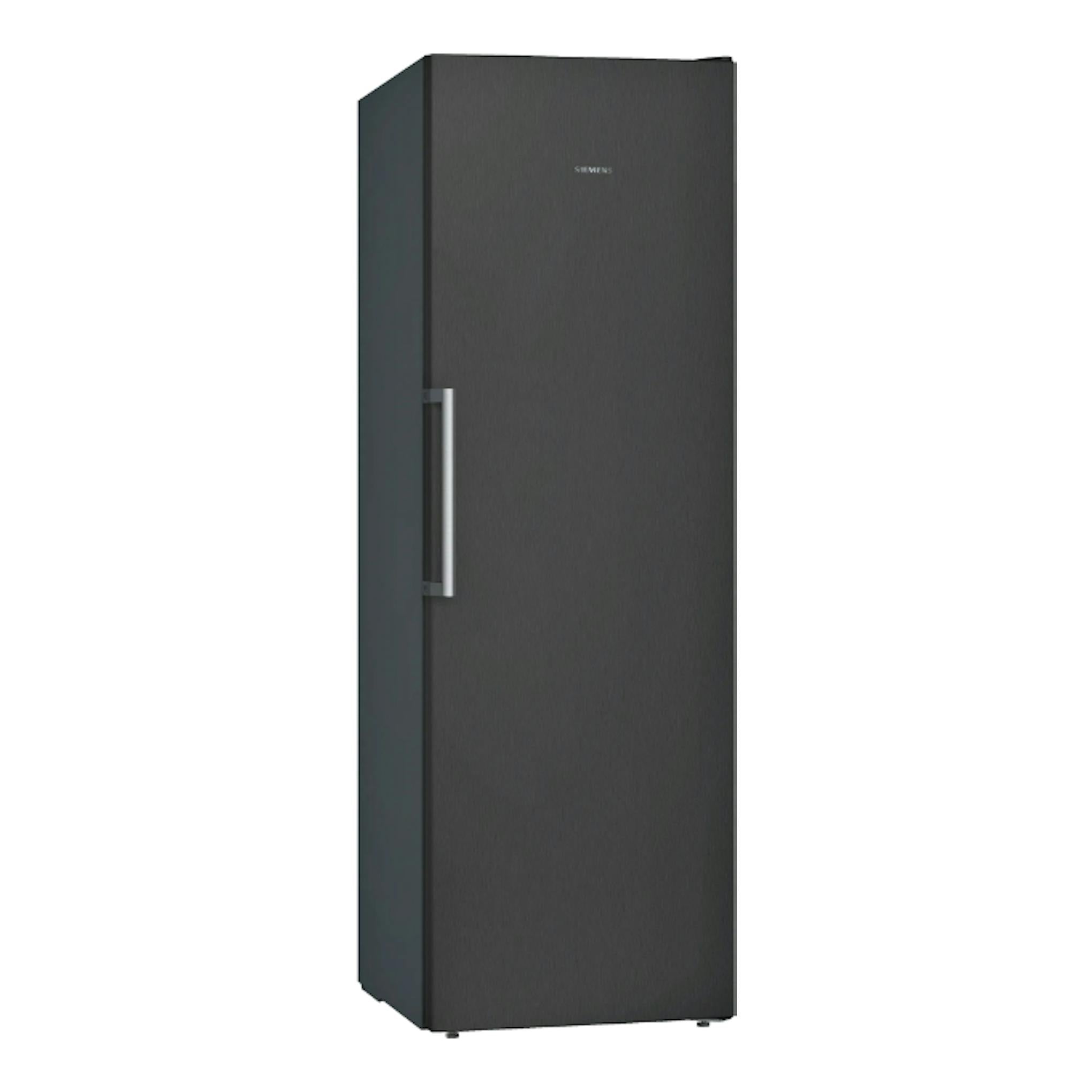 Congelador vertical Siemens GS36NVXEV negro, vista frontal ligeramente angular, con tirador lateral izquierdo.