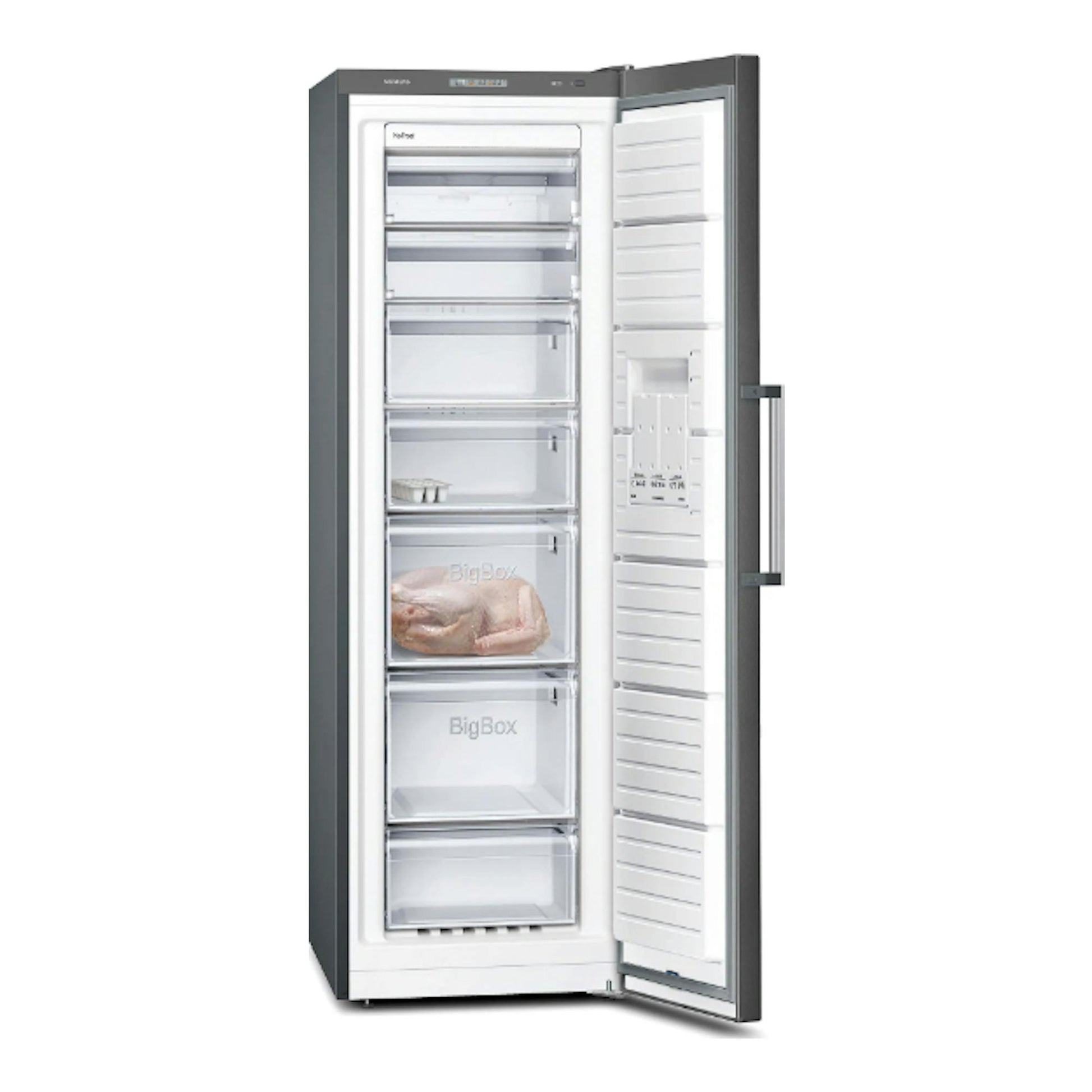Congelador vertical Siemens GS36NVXEV, vista frontal con puerta abierta, interior blanco y cajones transparentes.