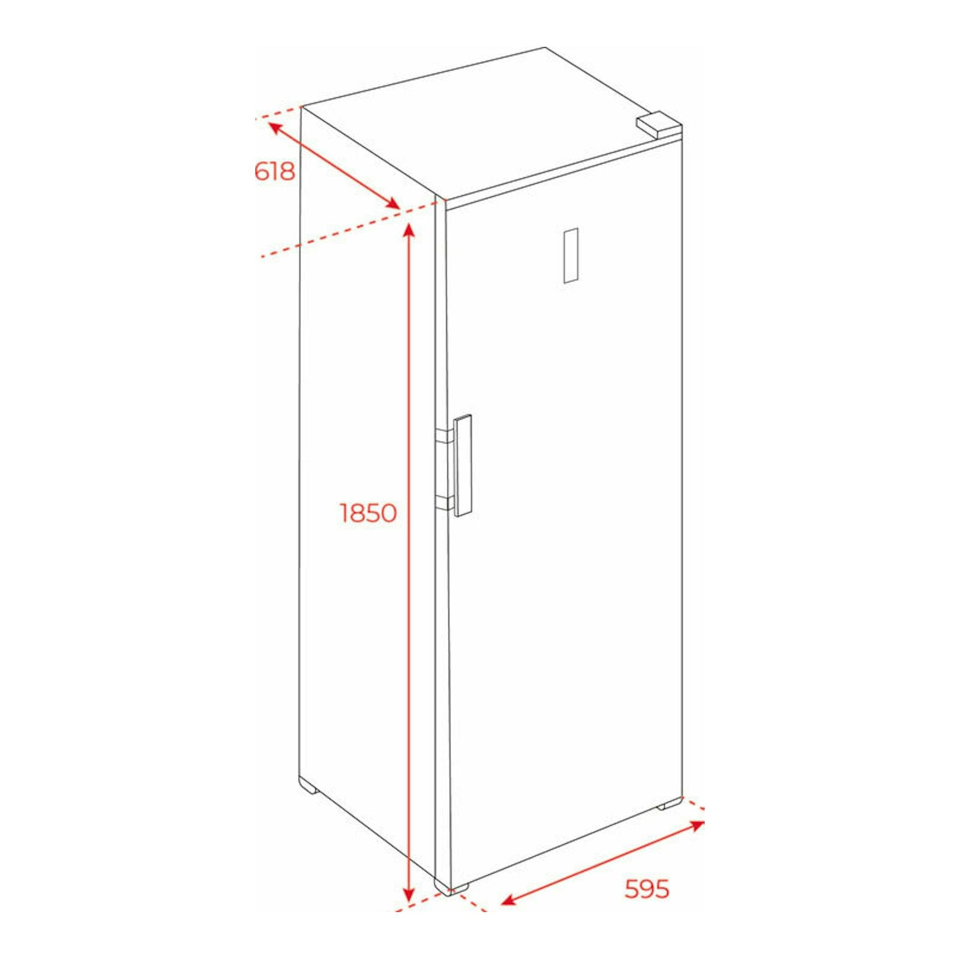 Congelador vertical Teka RSF75640SS Inox, dibujo técnico en vista 3/4 frontal con medidas 1850×595×618 mm.