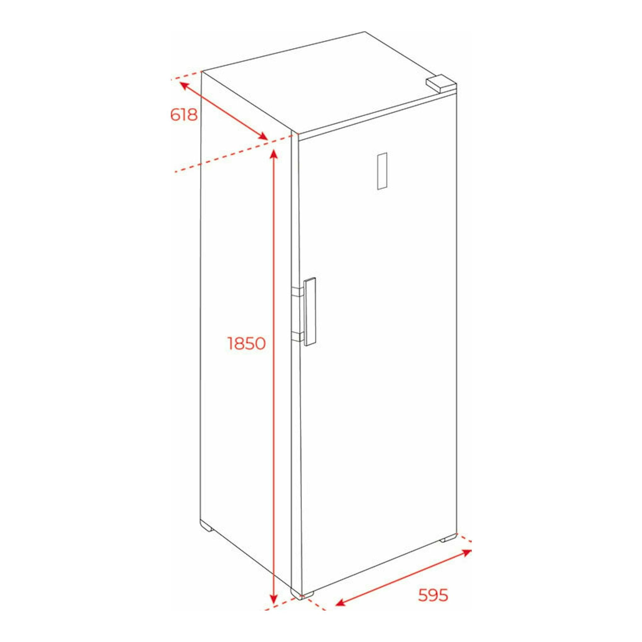 Congelador vertical Teka RSF75640SS Inox, dibujo técnico en vista 3/4 frontal con medidas 1850×595×618 mm.