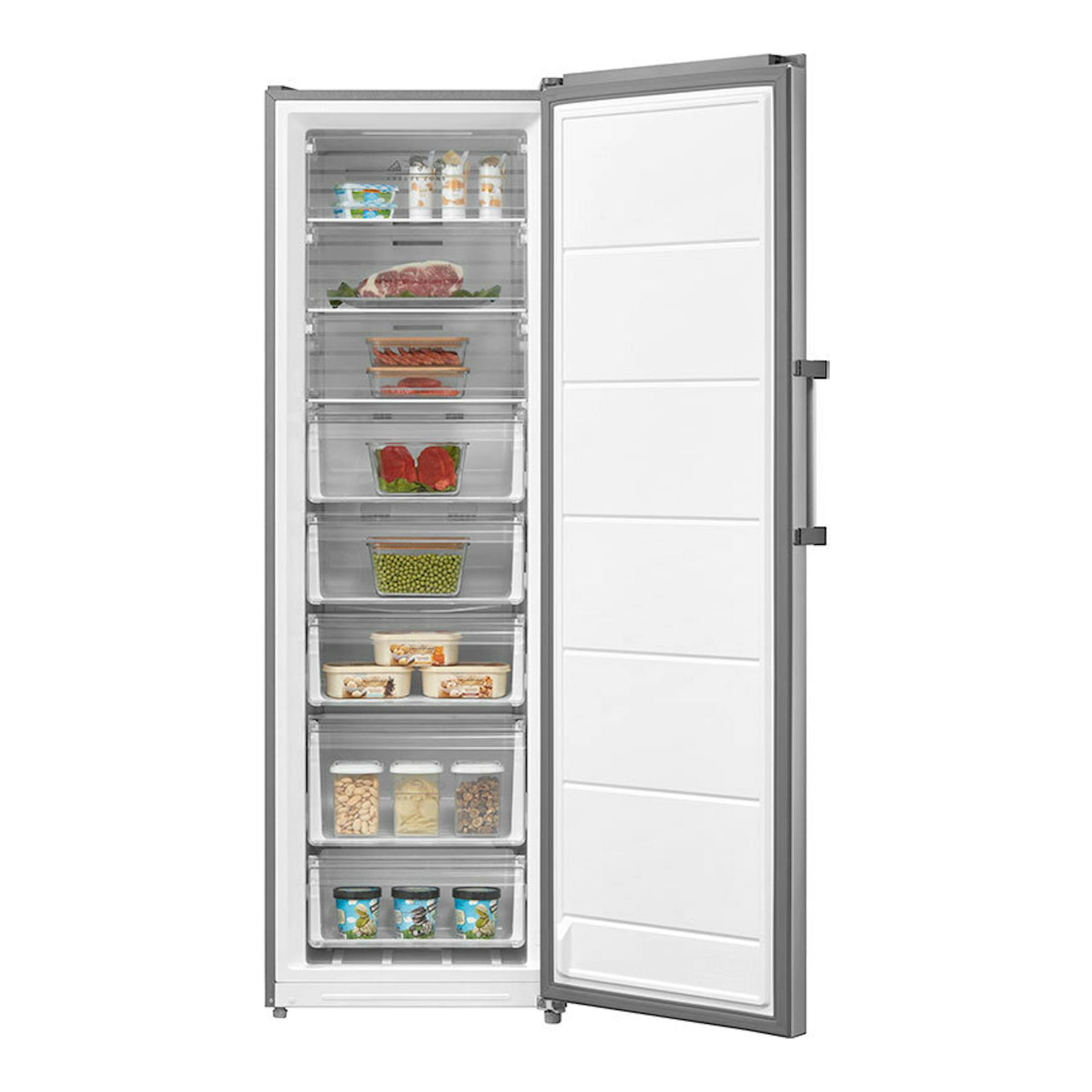 Congelador vertical Teka RSF75640SS inox, vista frontal con la puerta abierta y cajones transparentes.