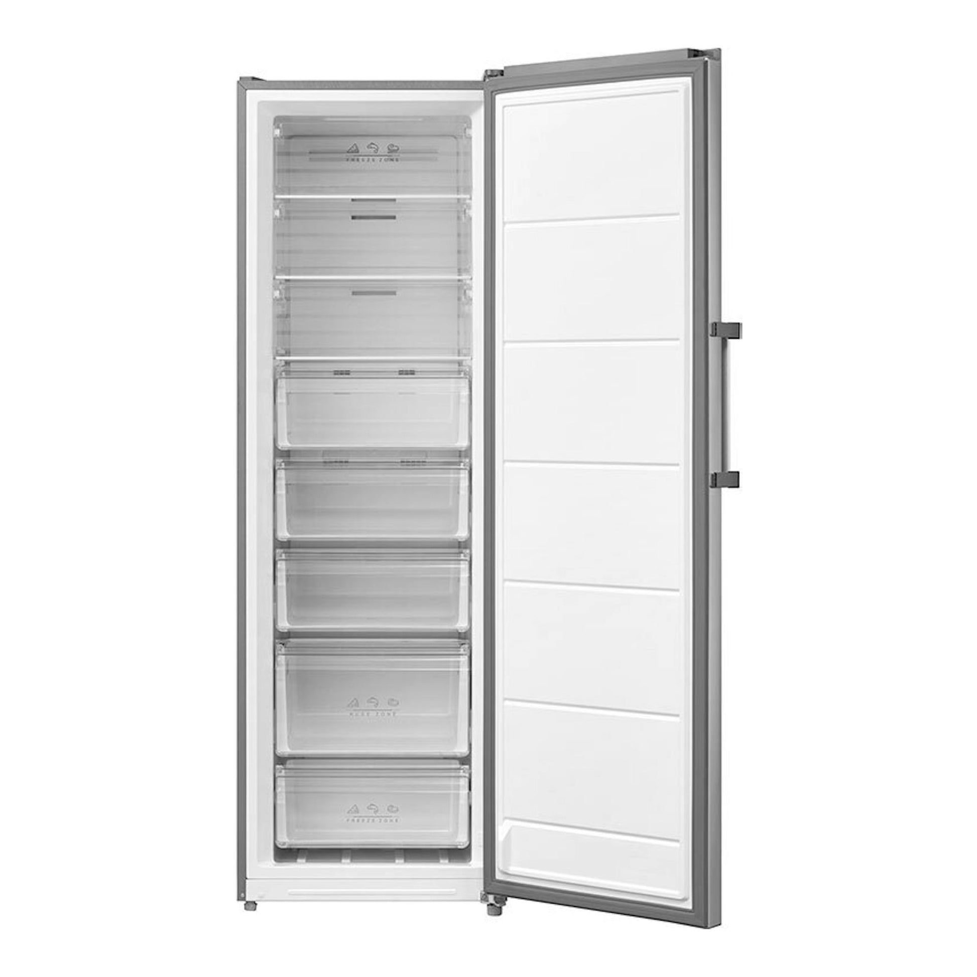Congelador vertical Teka RSF75640SS inox, vista frontal con puerta abierta y cajones transparentes.