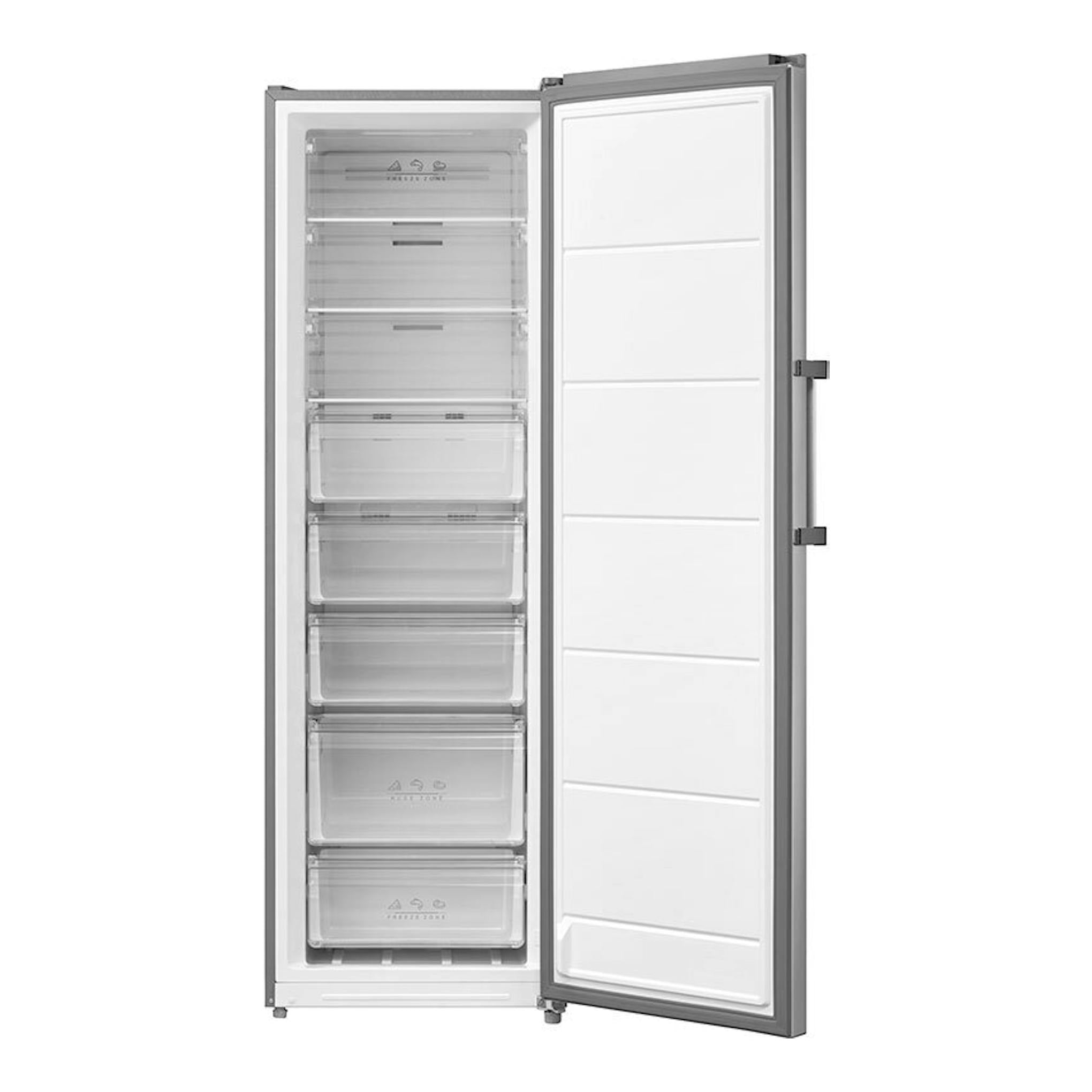 Congelador vertical Teka RSF75640SS inox, vista frontal con puerta abierta y cajones transparentes.