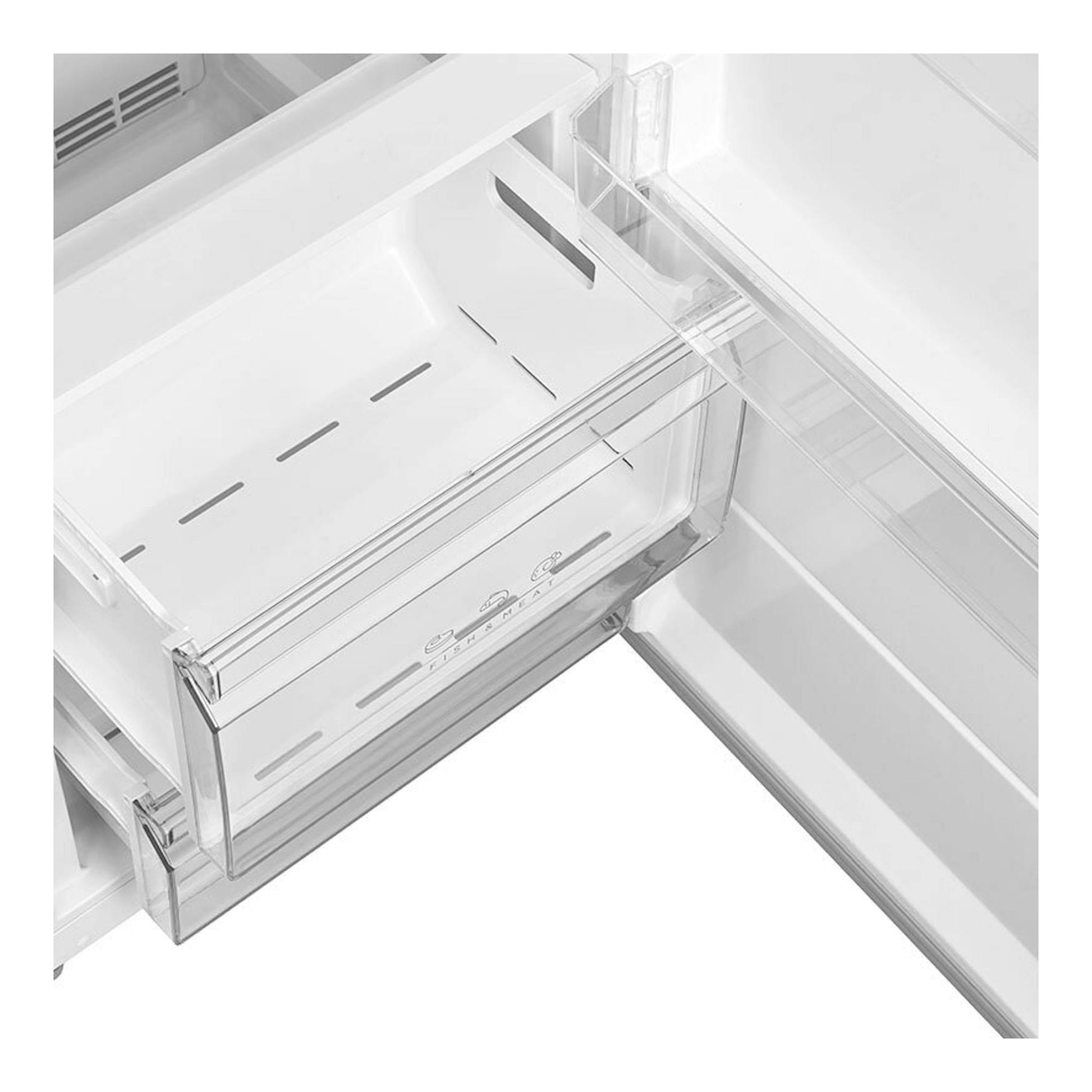 Congelador vertical Teka RSF75640SS Inox, vista interior en primer plano de cajones transparentes y blancos.