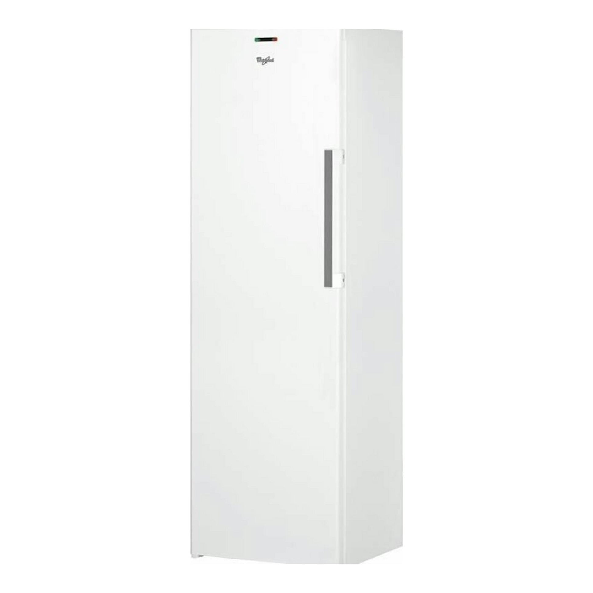 Congelador vertical Whirlpool UW8F2YWBIF2 blanco, vista frontal en tres cuartos, con tirador vertical.
