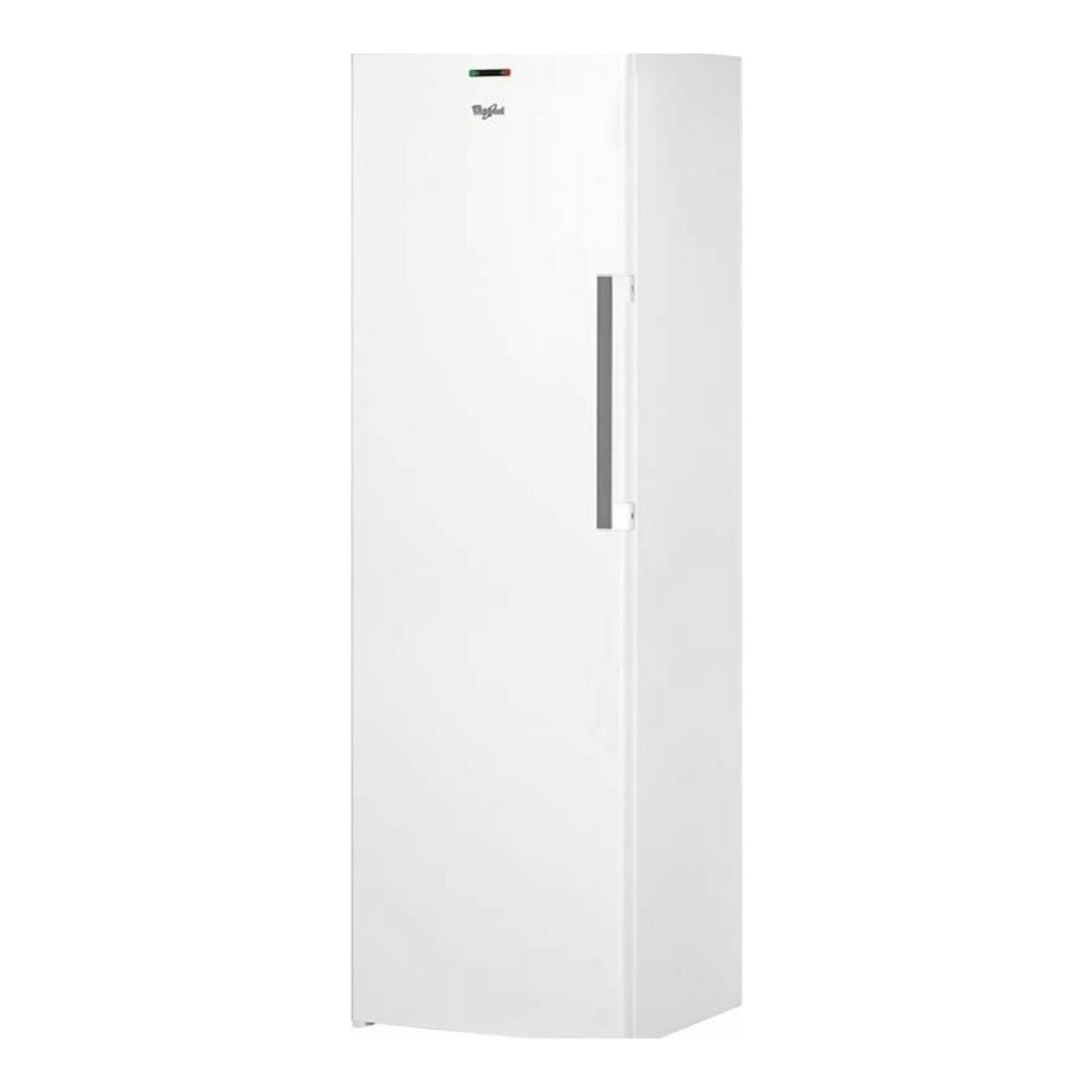 Congelador vertical Whirlpool UW8F2YWBIF2 blanco, vista frontal en tres cuartos, con tirador vertical.