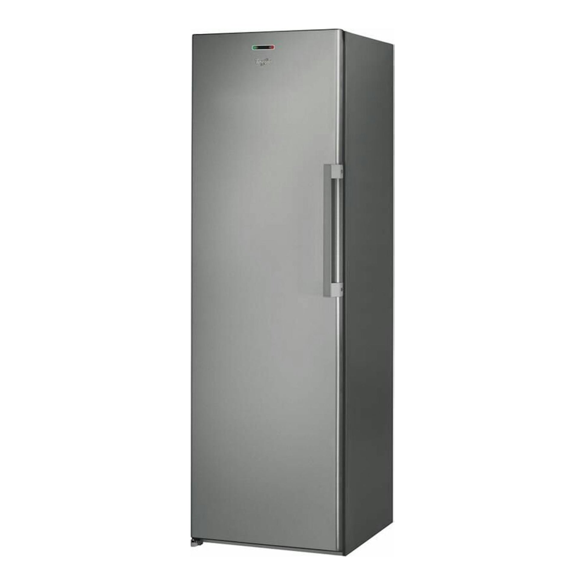 Congelador vertical Whirlpool UW8F2YXBIF2 inox, vista frontal en ángulo, puerta gris con tirador lateral.