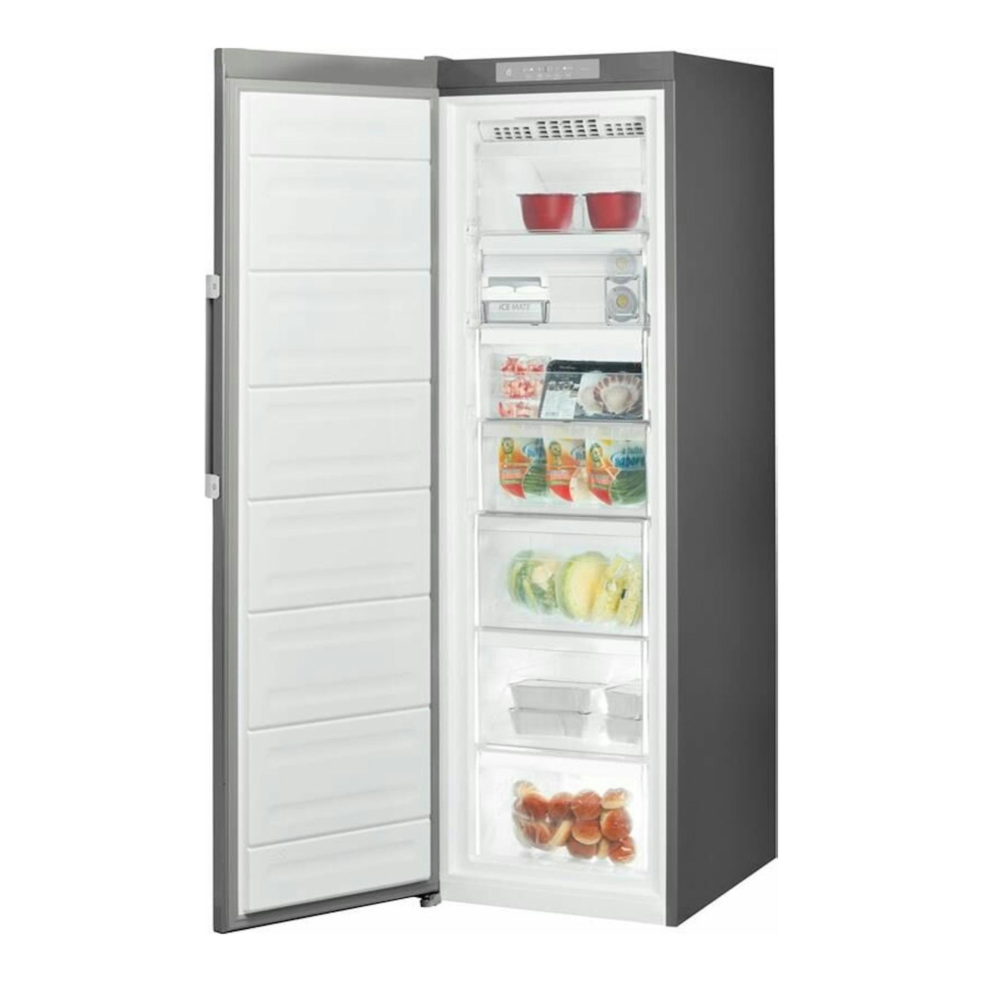Congelador vertical Whirlpool UW8F2YXBIF2 inox, visto de frente con la puerta abierta y cajones interiores.