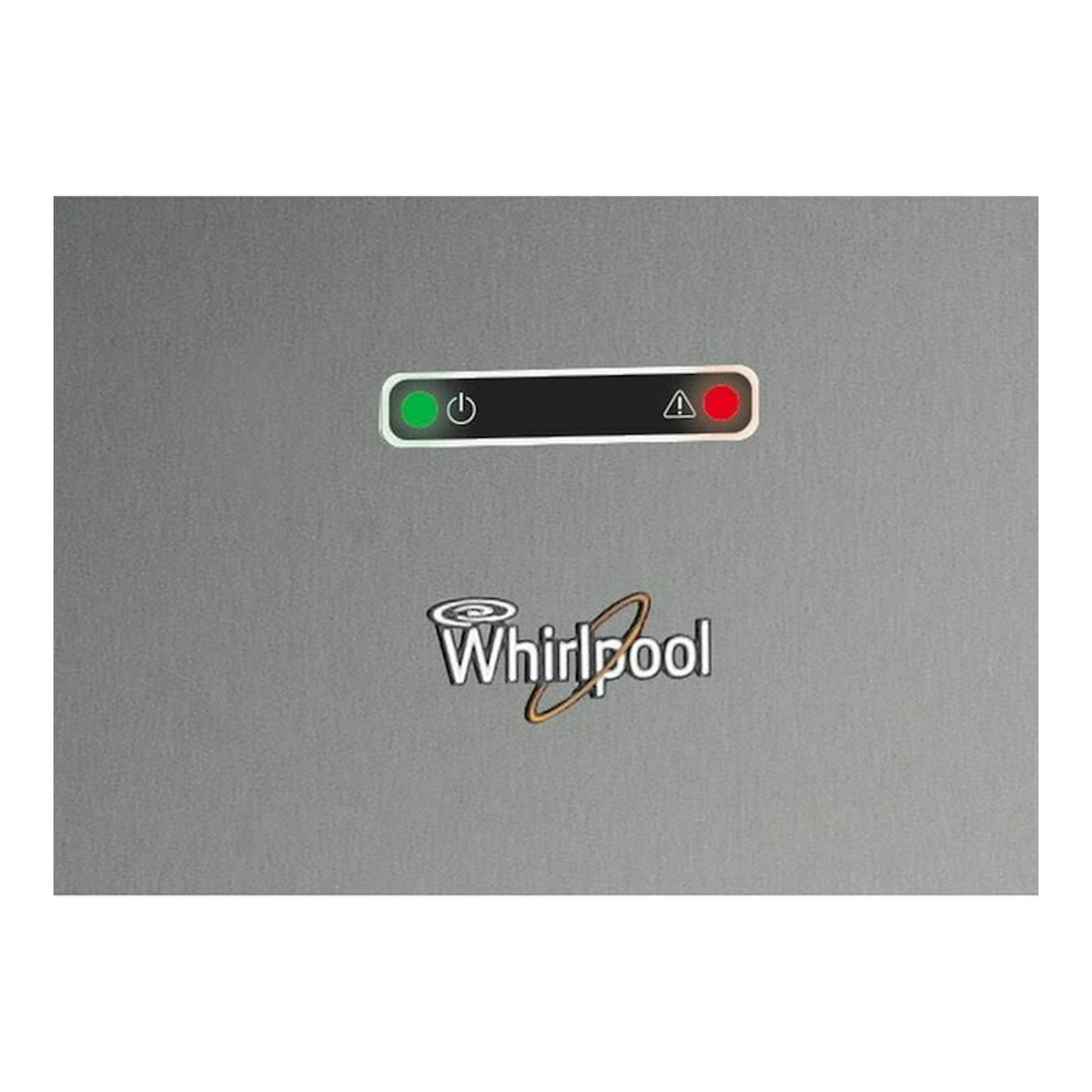 Primer plano frontal de un congelador vertical Whirlpool en color inox, con panel de indicadores y logo en la puerta.