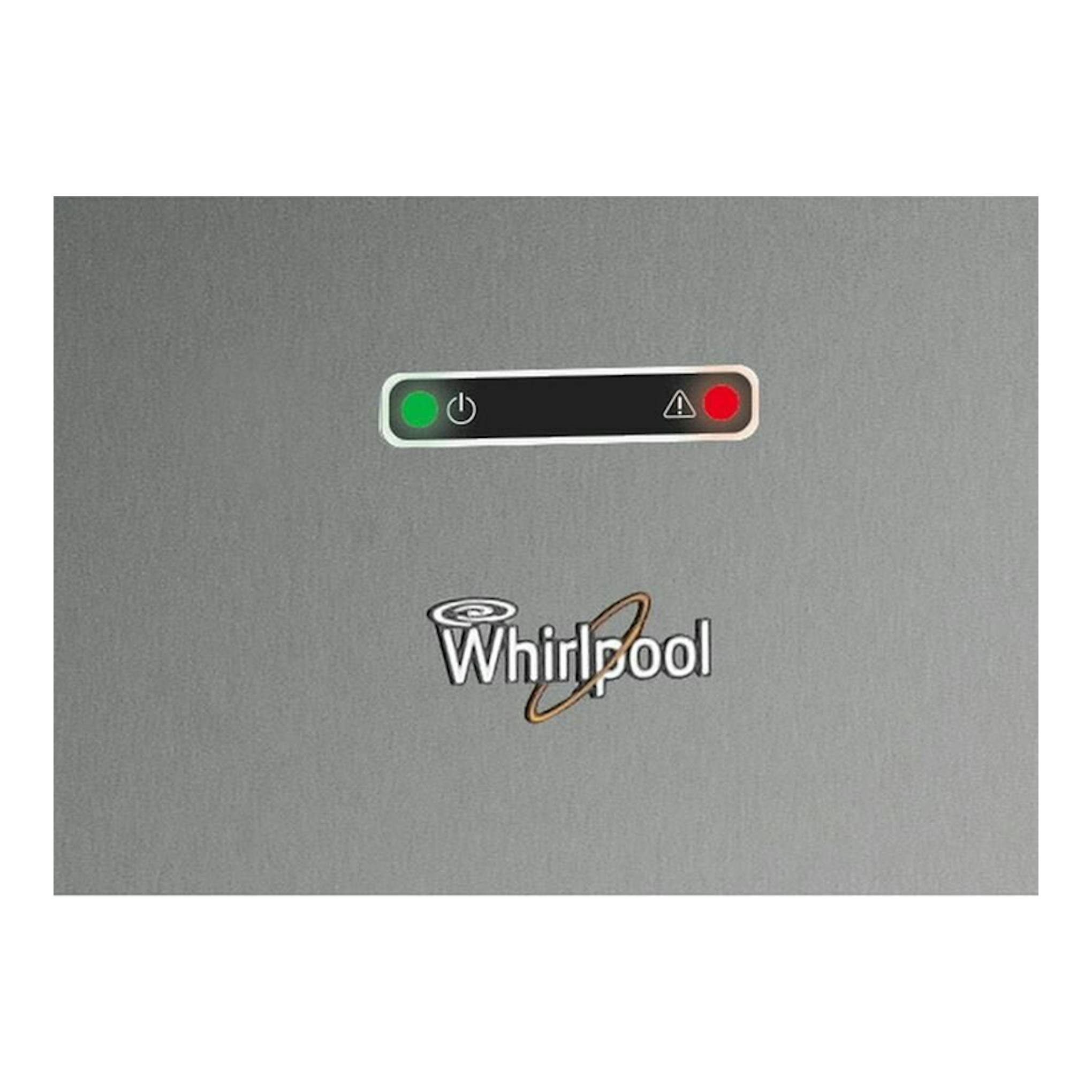 Primer plano frontal de un congelador vertical Whirlpool en color inox, con panel de indicadores y logo en la puerta.