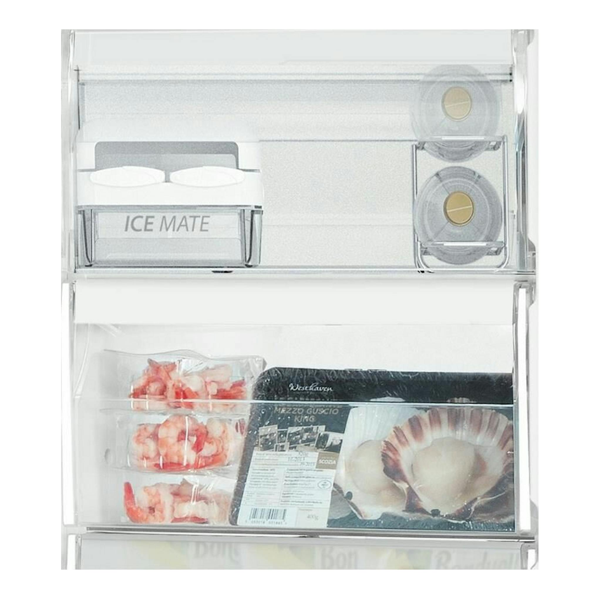 Congelador vertical Whirlpool UW8F2YXBIF2 Inox, interior con cajones transparentes, cubitera y alimentos congelados.