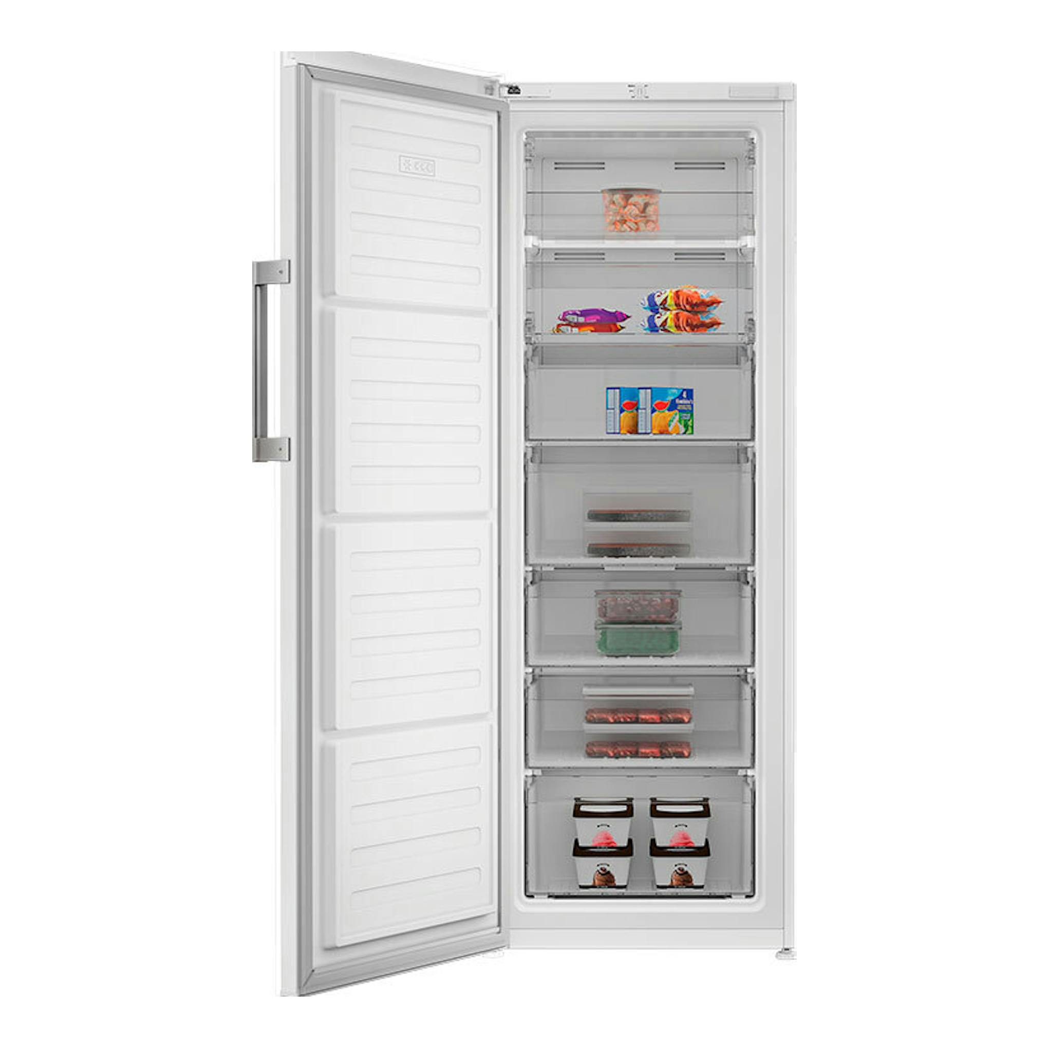 Congelador vertical Whirlpool WHMFF 1292 W4E blanco, puerta abierta, vista frontal con cajones interiores.