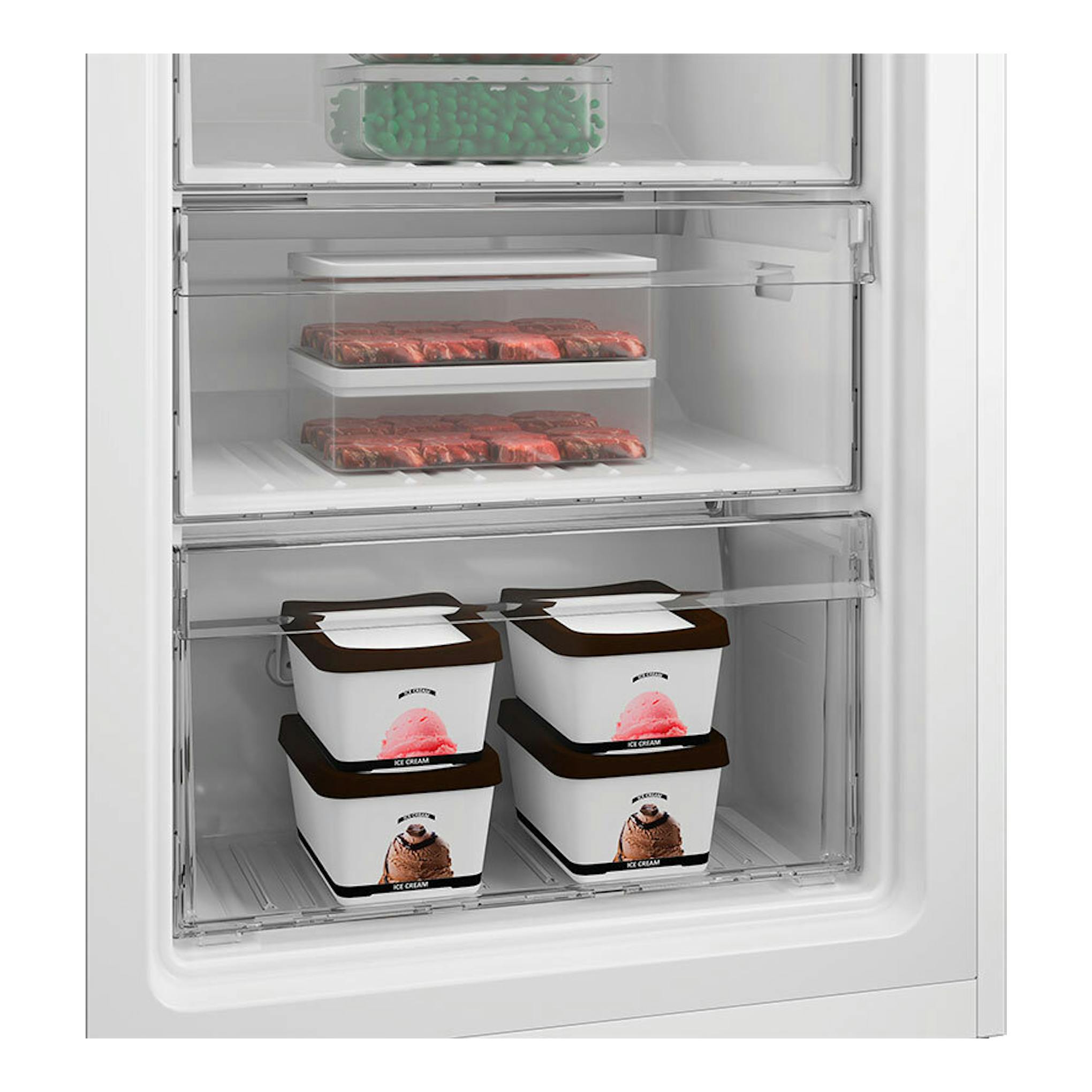 Interior de congelador Whirlpool WHMFF 1292 W4E blanco, vista frontal con cajones y alimentos congelados.
