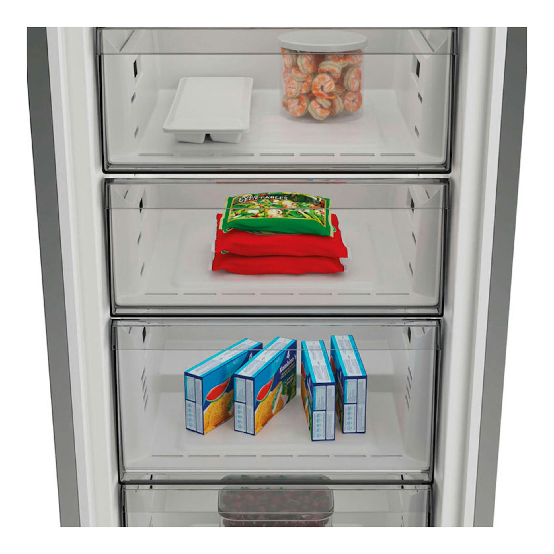 Congelador blanco Whirlpool WHMFF 6312 W4E, vista frontal abierta con cajones transparentes y alimentos.