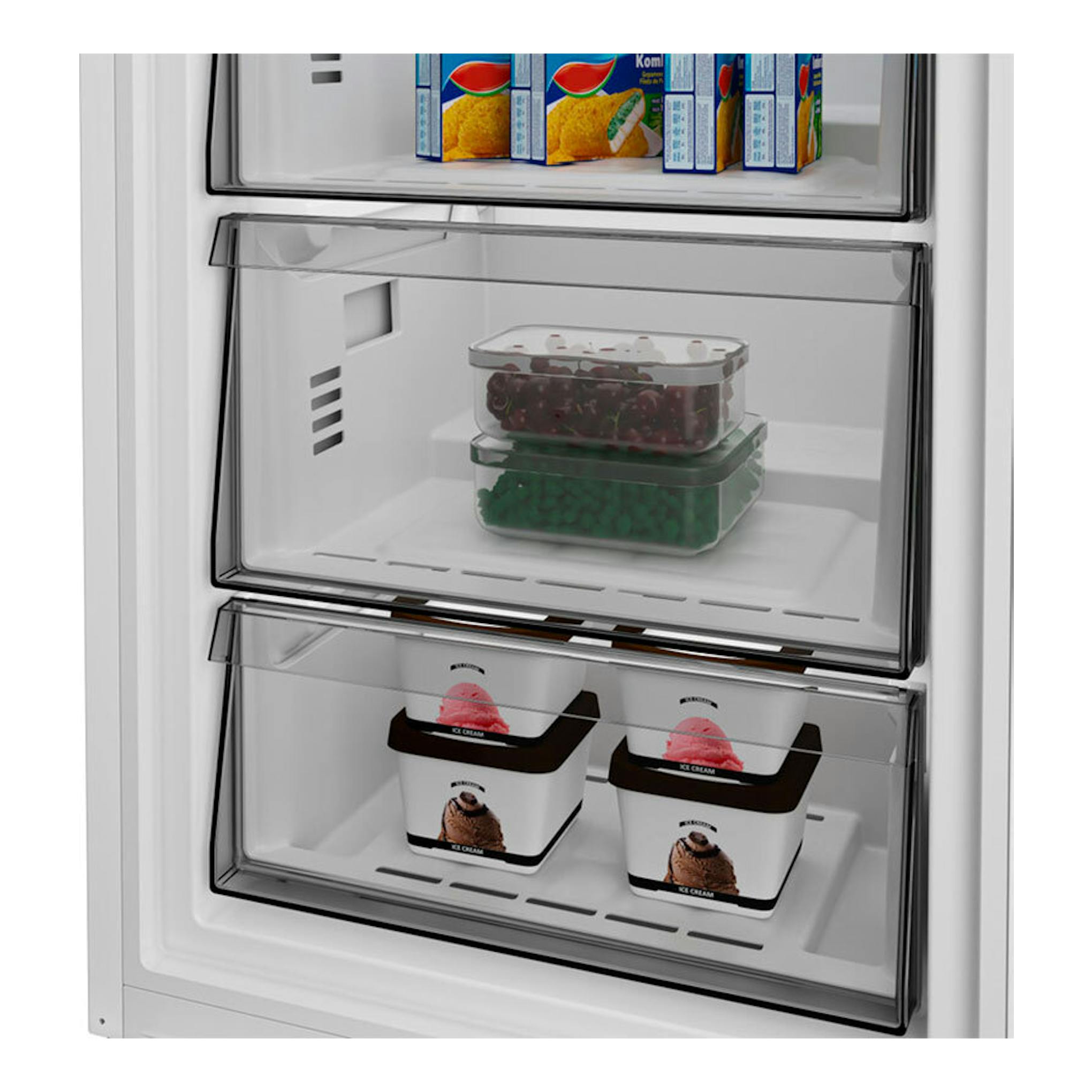 Congelador Whirlpool WHMFF 6312 W4E blanco, vista frontal del interior con cajones transparentes y alimentos.