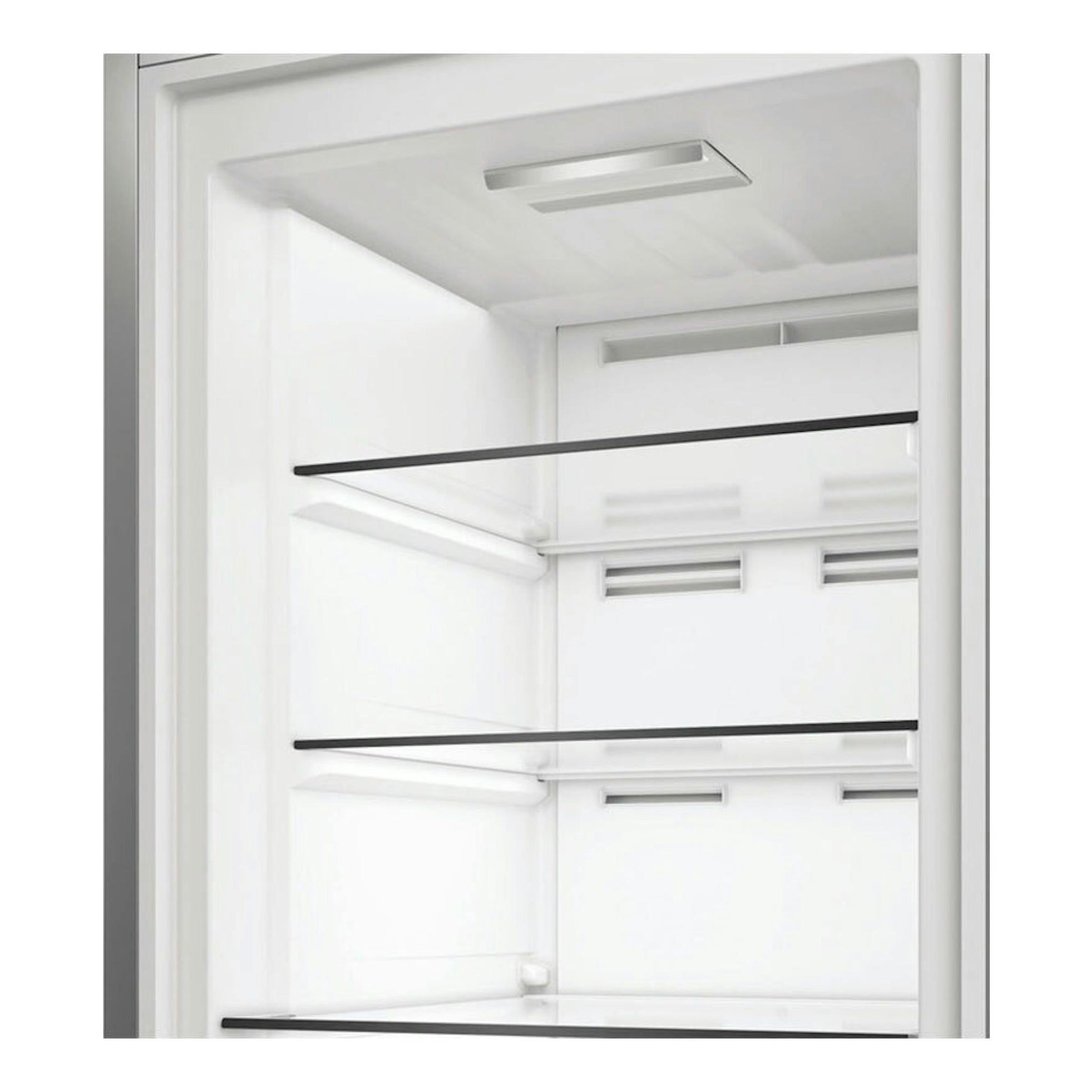 Interior de congelador Whirlpool WHMFF 6312 W4E blanco, vista frontal con baldas y rejillas.