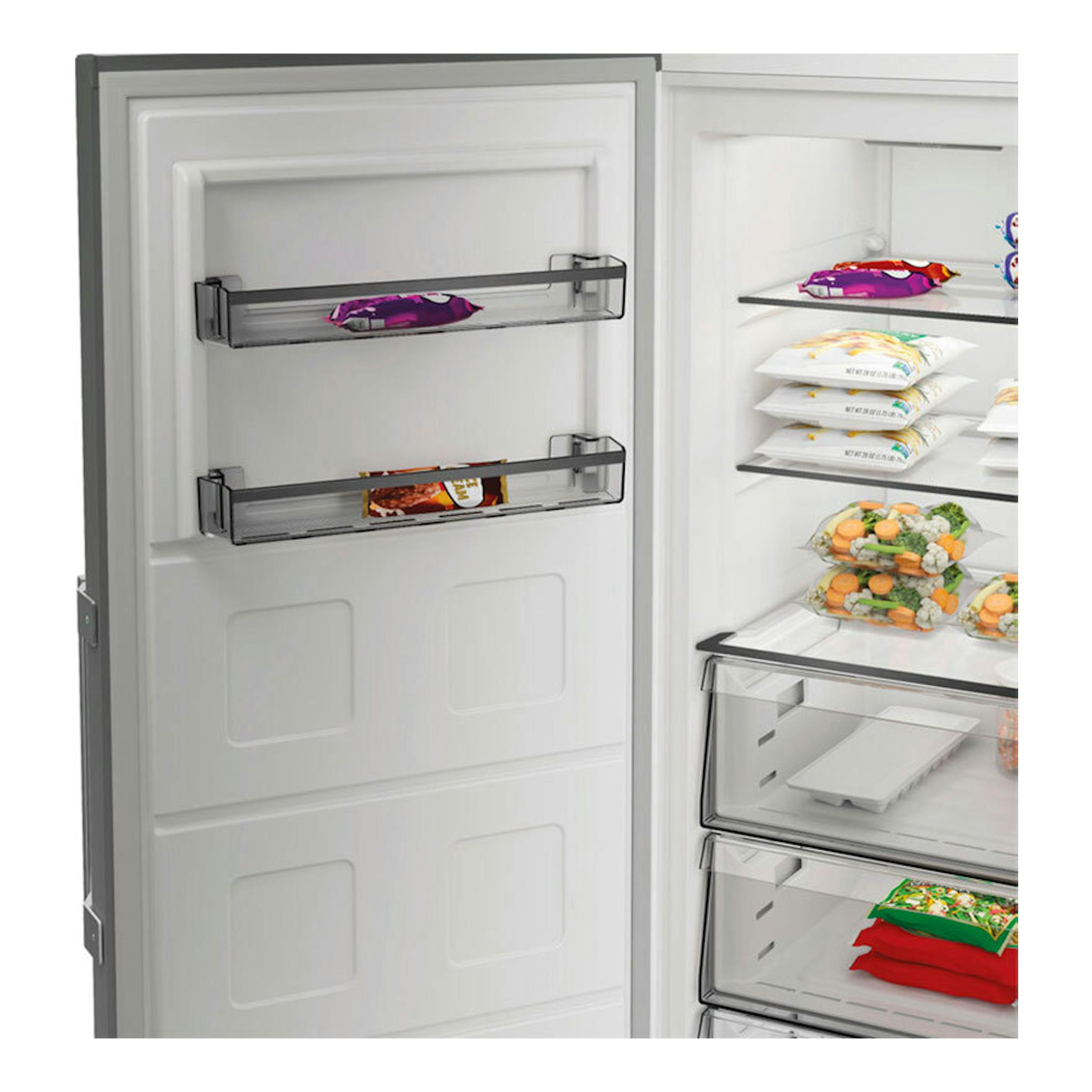 Vista frontal de congelador Whirlpool WHMFF 6312 W4E blanco abierto, con cajones y baldas interiores.
