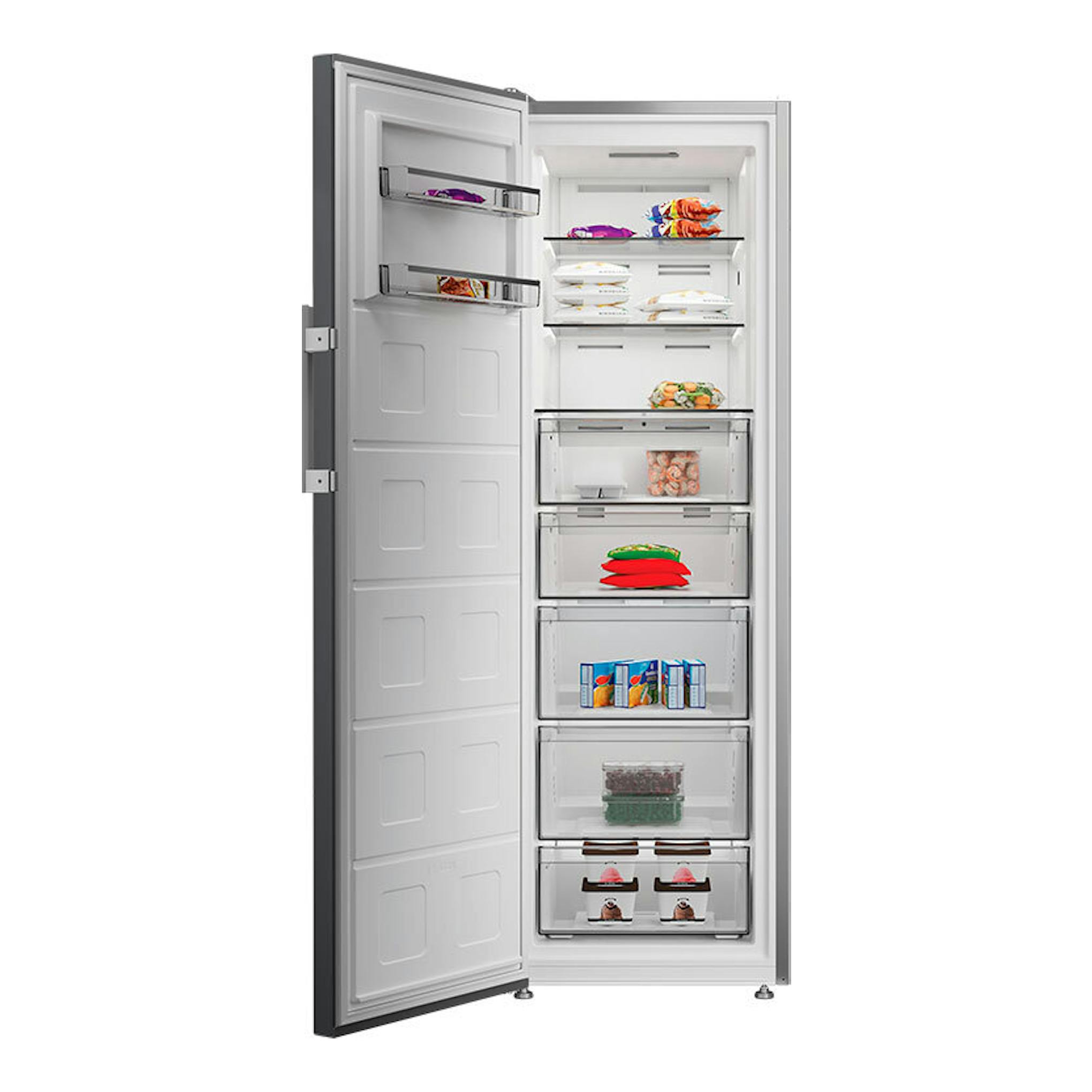 Congelador vertical Whirlpool WHMFF 6312 XP4 inox, puerta abierta, interior blanco con cajones transparentes.
