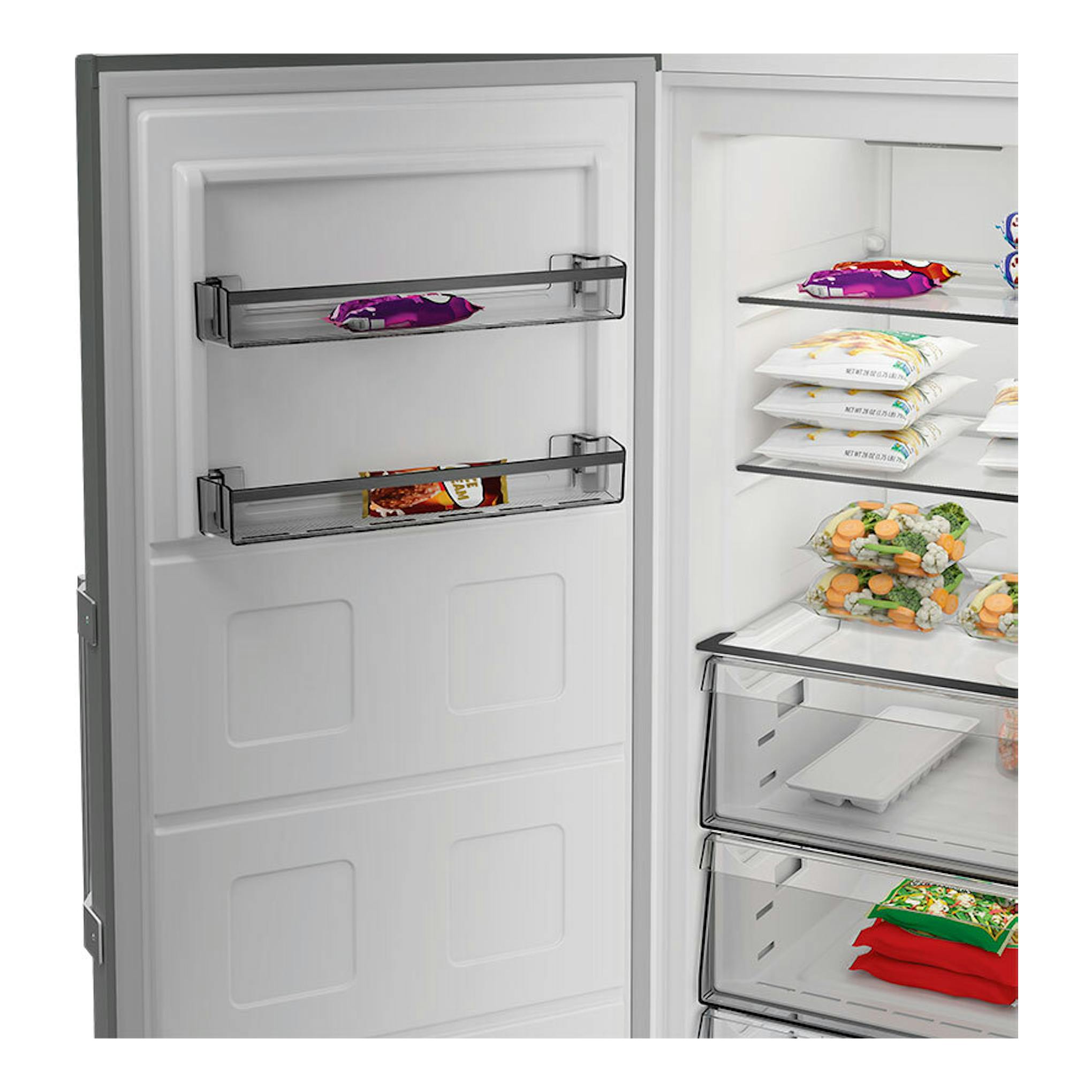 Congelador Whirlpool WHMFF 6312 XP4 Inox, vista frontal con puerta abierta e interior blanco con cajones transparentes.