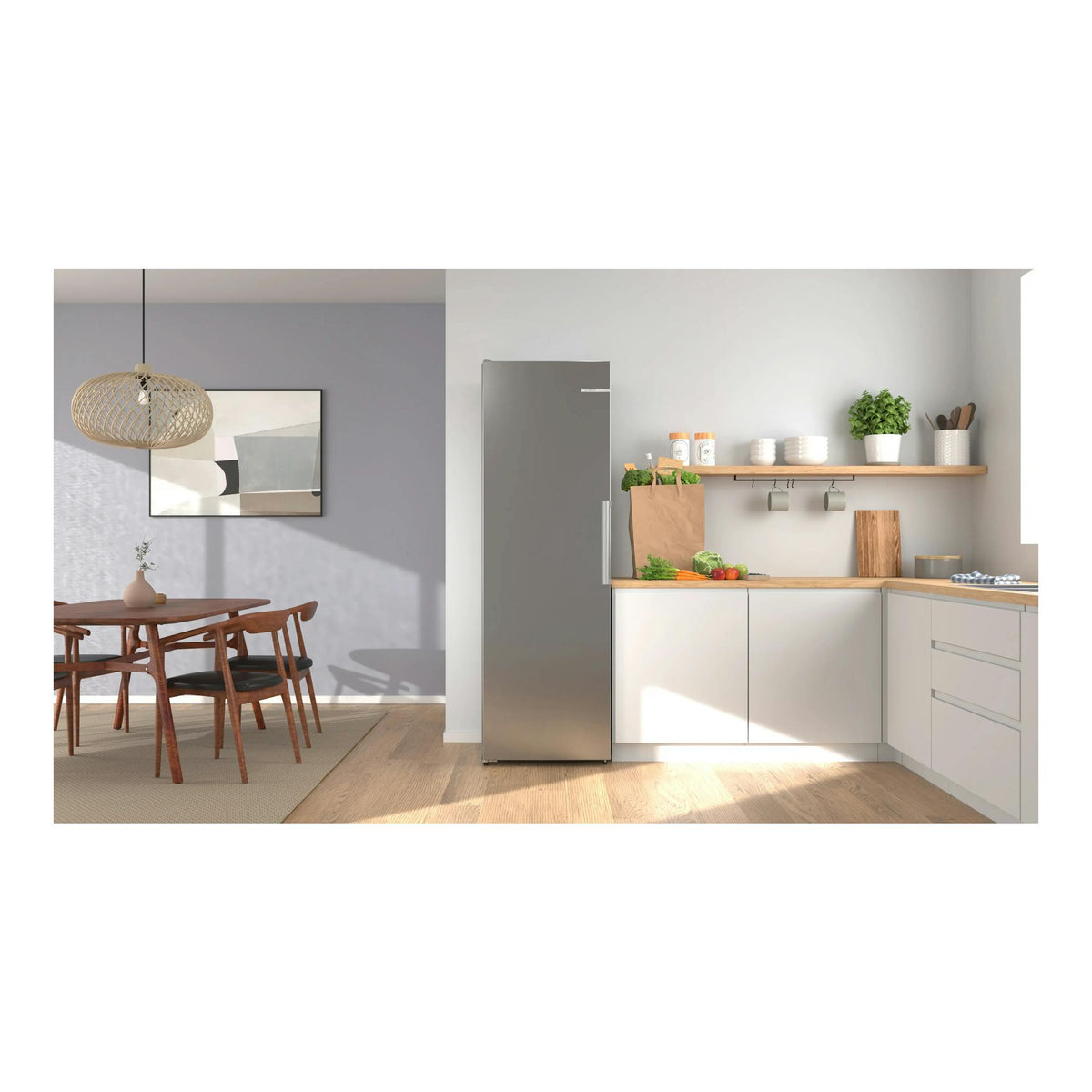 Frigorífico Bosch de una puerta, gris, vista frontal, en una cocina moderna.