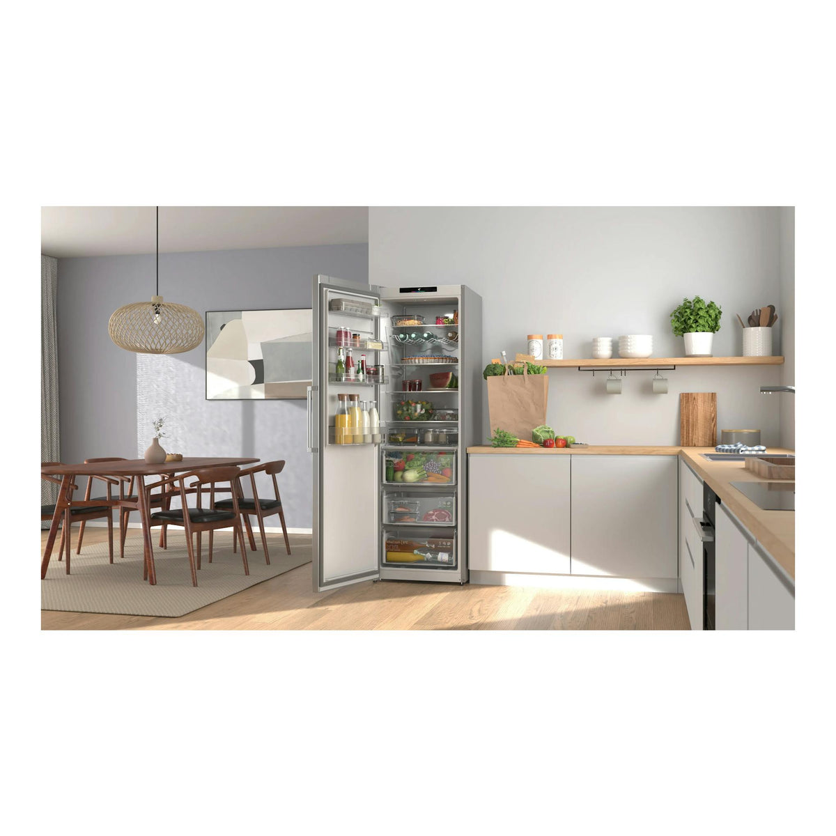 Frigorífico Bosch KSN36VLDG gris, de una puerta, abierto en cocina moderna, vista frontal.