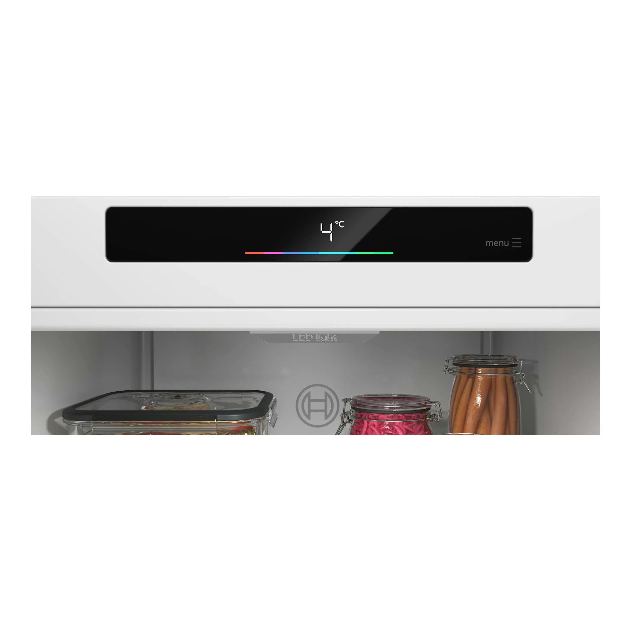 Frigorífico Bosch KSN36VLDG, vista frontal; interior blanco con display digital a 4 °C y tarros.