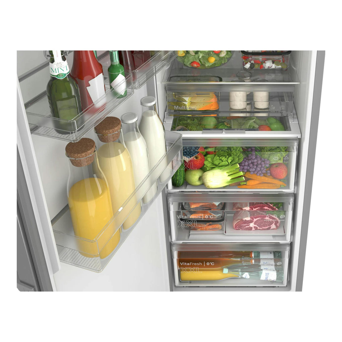 Frigorífico Bosch KSN36VLDG abierto, vista frontal del interior con botellas, frutas, verduras y carnes.