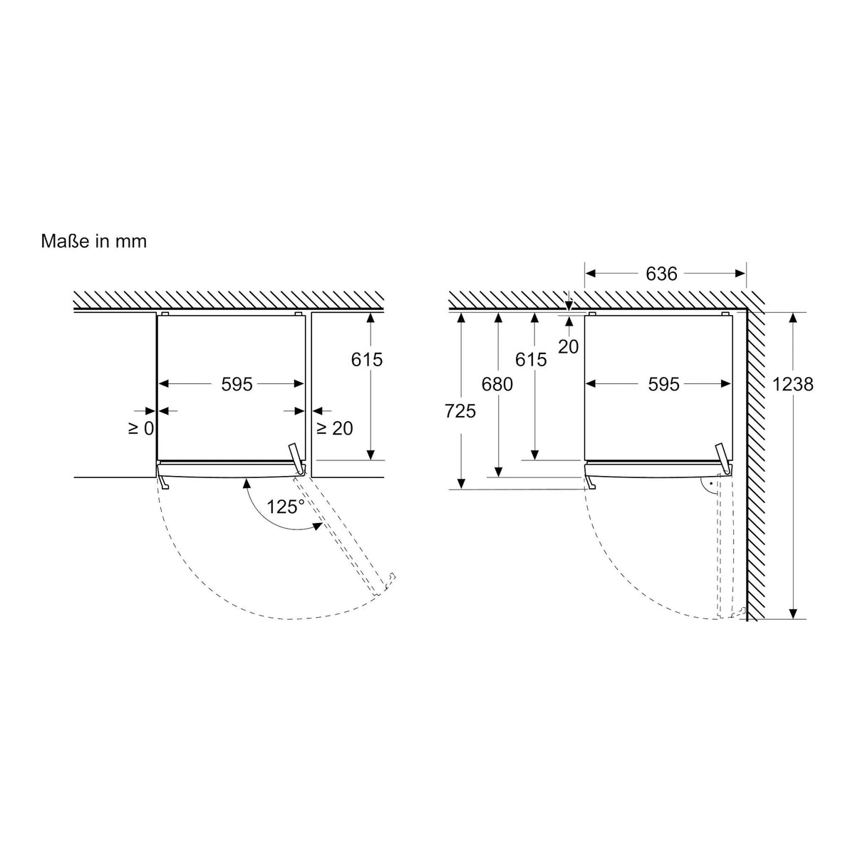 Bosch KSN36VLDG: esquema técnico de dimensiones de frigorífico de una puerta, con apertura de 125°.