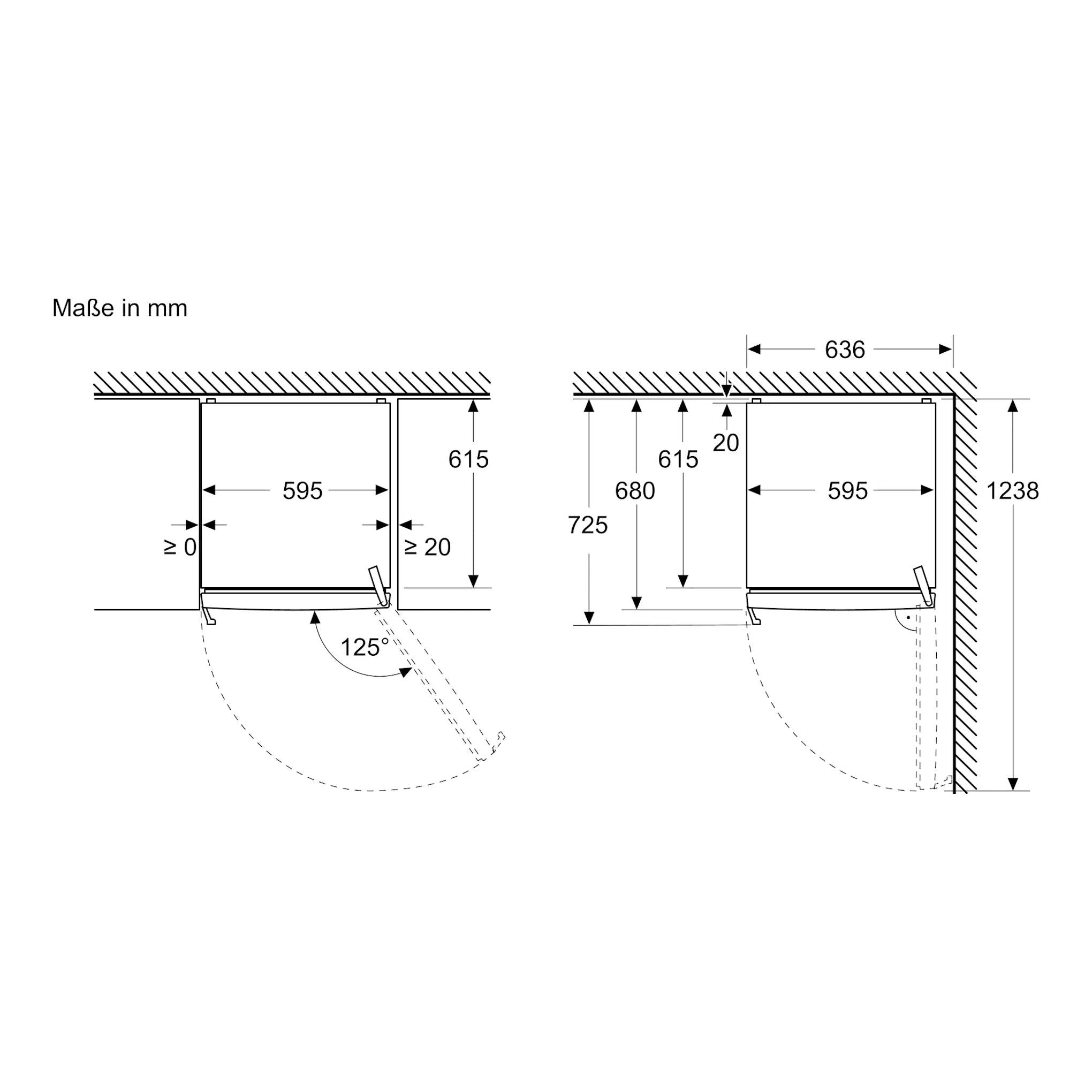 Bosch KSN36VLDG: esquema técnico de dimensiones de frigorífico de una puerta, con apertura de 125°.
